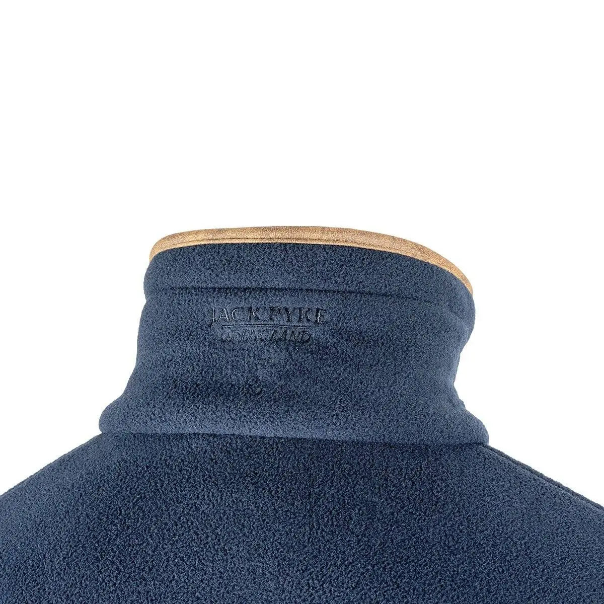 Close-up of navy Jack Pyke Countryman Fleece Gilet collar with embroidered branding, showcasing soft fleece texture and tan trim detail.