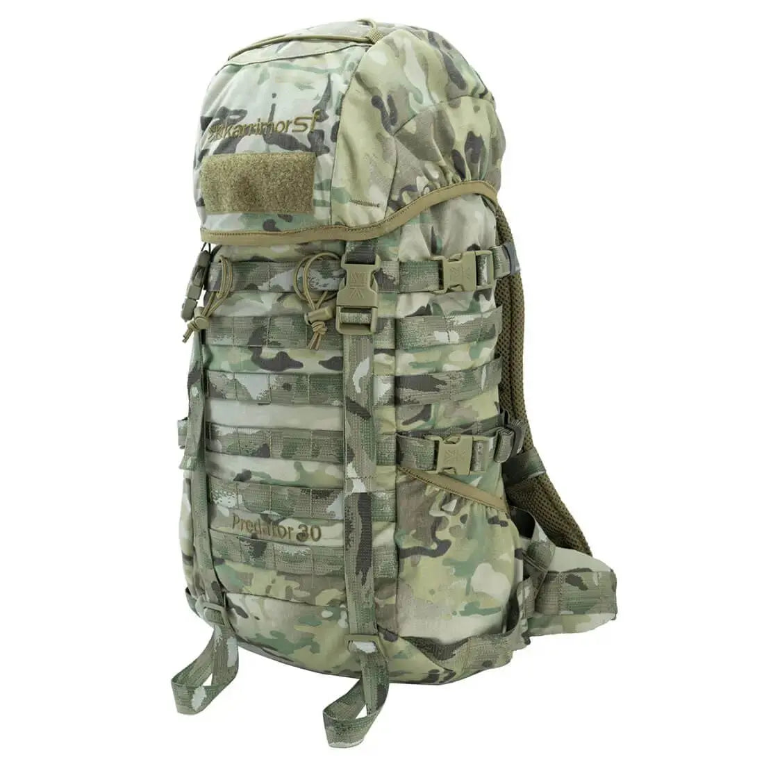 Camouflage Karrimor Predator 30 Litre Daysack with MOLLE system, adjustable straps, and breathable back panel for comfort during long treks.