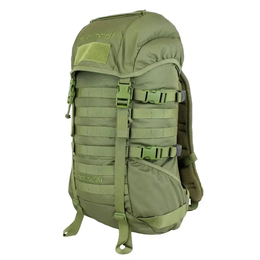Green Karrimor Predator 30 Litre Daysack with MOLLE webbing, padded shoulder straps, and a durable build for hiking and military use.