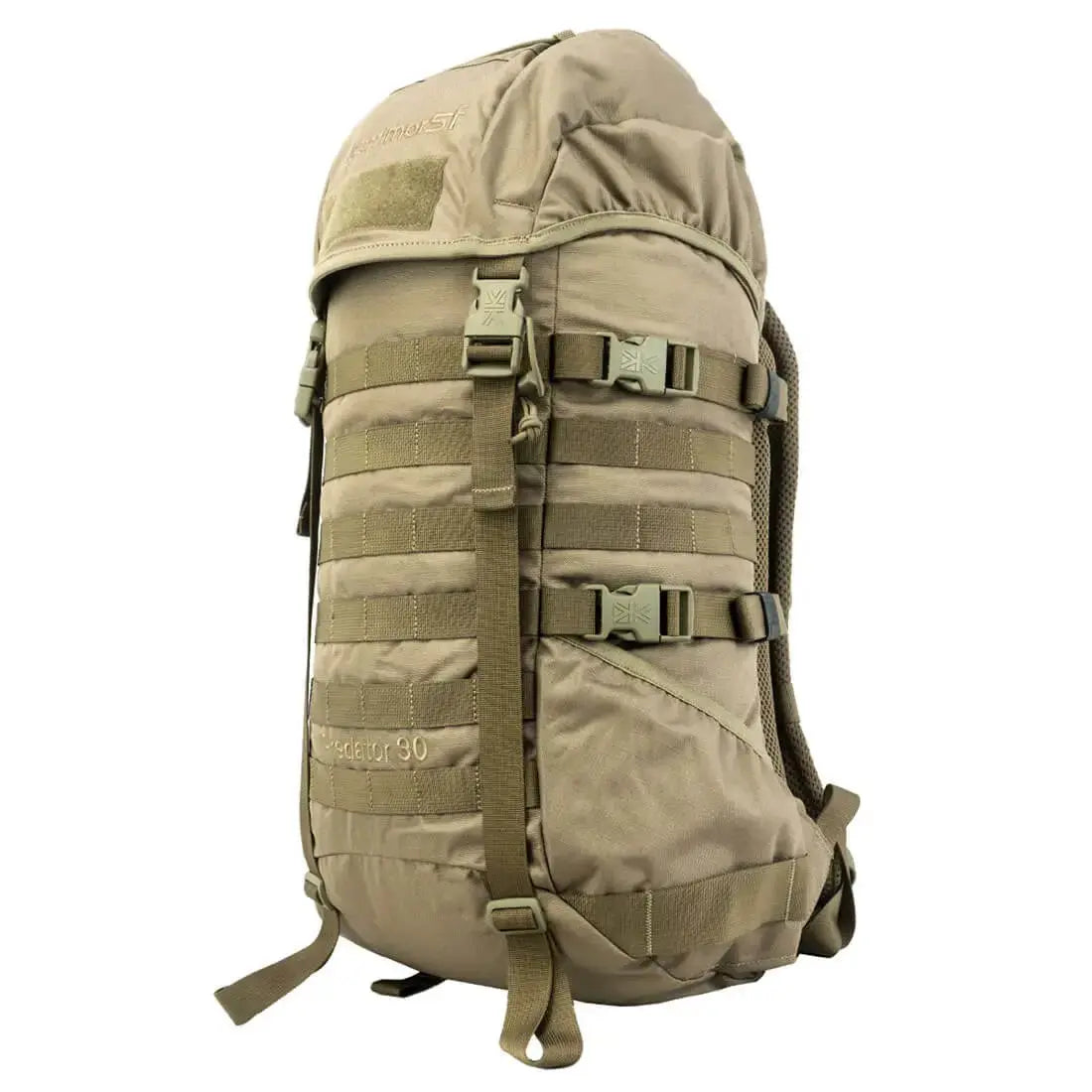 Karrimor Predator 30 Litre Daysack in coyote brown with MOLLE webbing, adjustable straps, and durable 600D polyester construction for trekking.