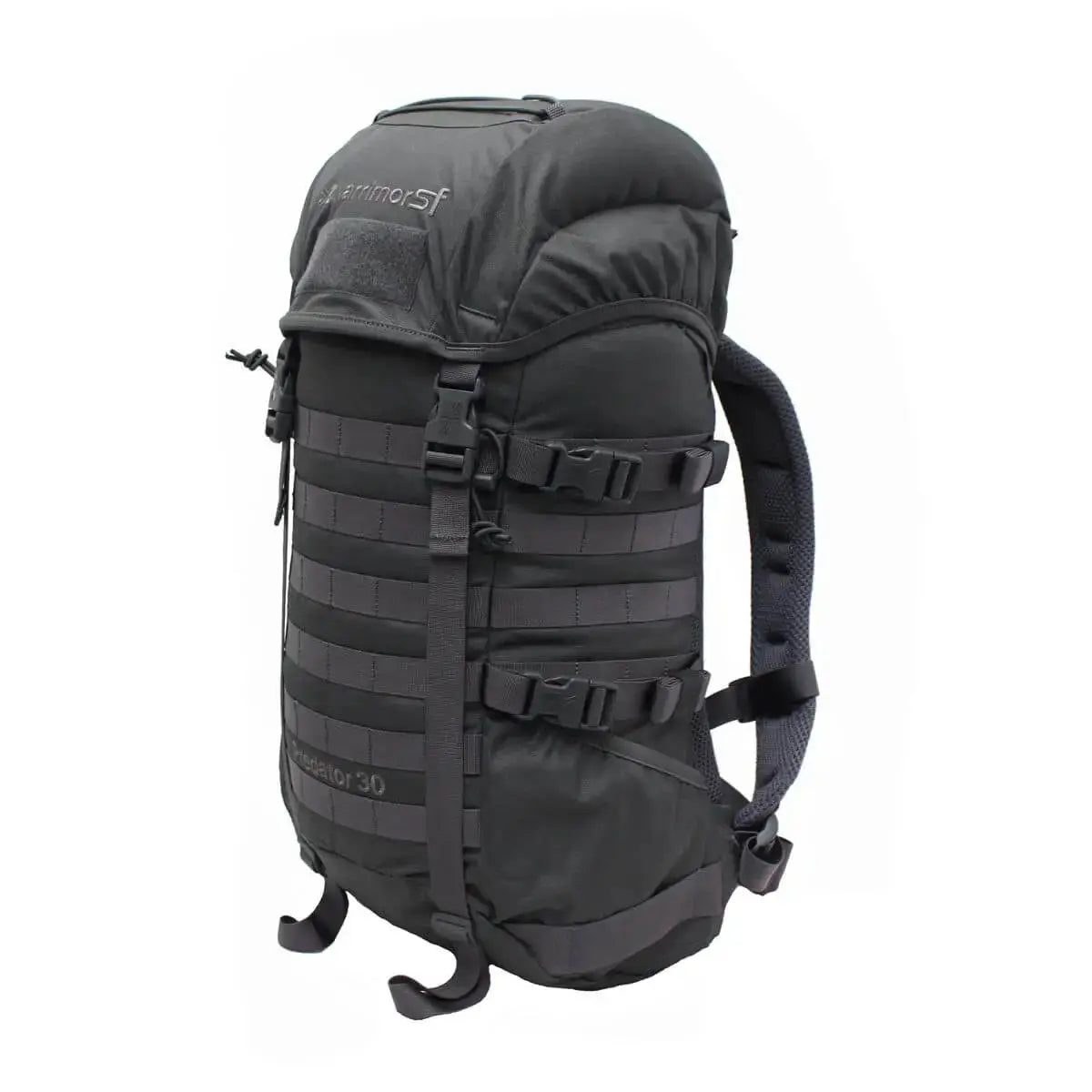 Black Karrimor Predator 30 Litre Daysack featuring MOLLE webbing, ergonomic shoulder straps, and a rugged design for outdoor adventures.