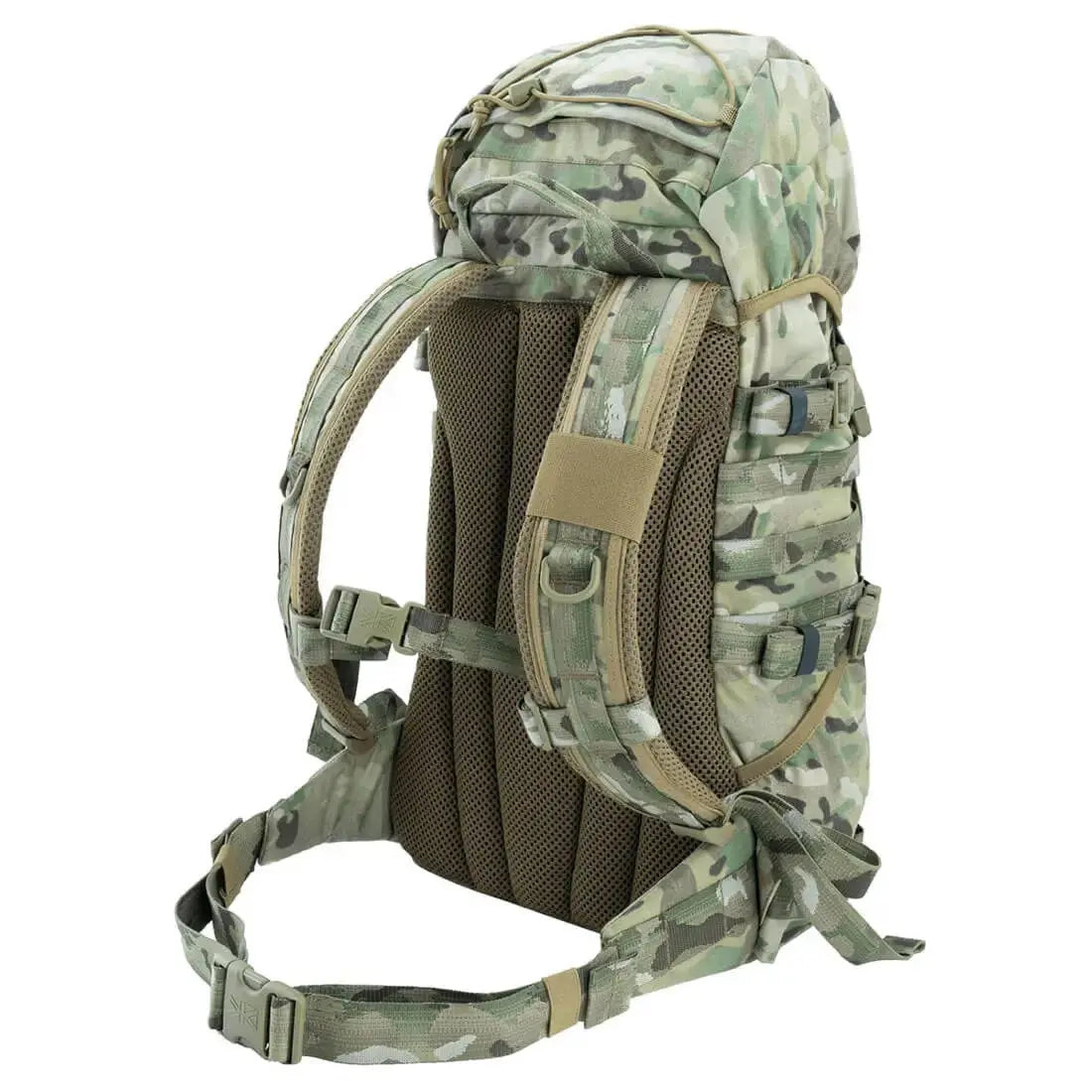 Rear view of the Karrimor Predator 30 Litre Daysack in camouflage, showcasing padded shoulder straps, MOLLE webbing, and lumbar support.