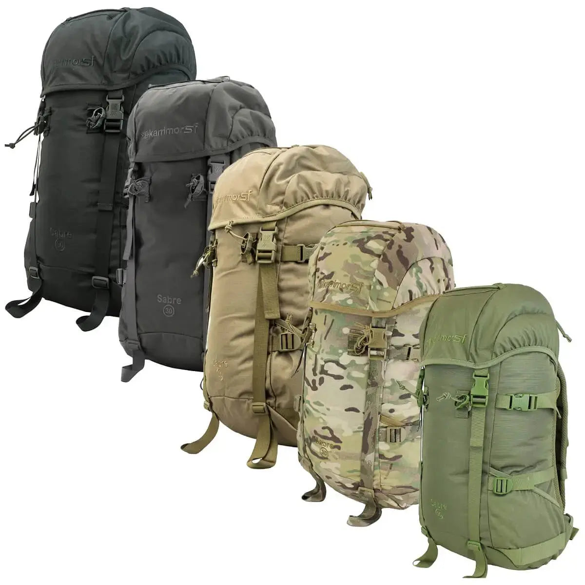 Karrimor SF Sabre 30 Rucksack in five color variations, including black, grey, coyote brown, camouflage, and olive green, ideal for tactical and outdoor use.