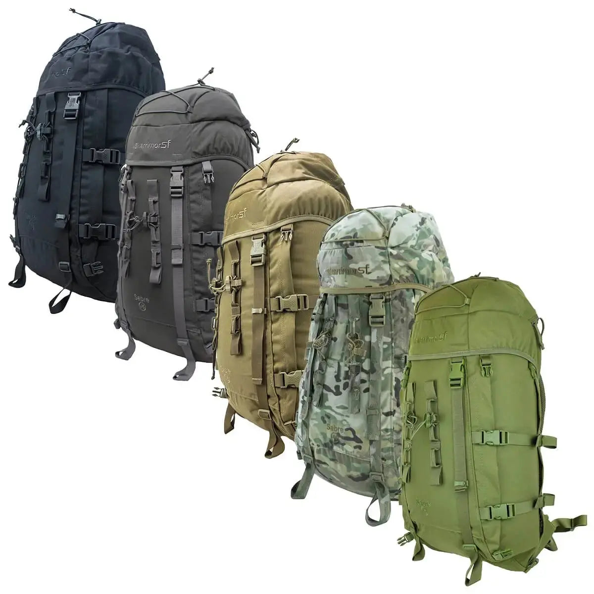 Karrimor SF Sabre 45 PLCE Rucksack in five color variants including black, green, coyote, and camo, ideal for tactical and outdoor gear selection.