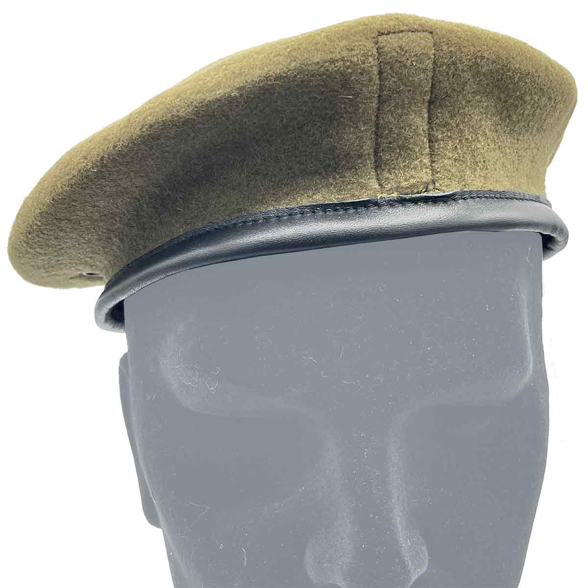 Khaki Army Beret Silk Lined from John Bull Clothing featuring 100% wool exterior and black leather band with drawstring for military uniforms