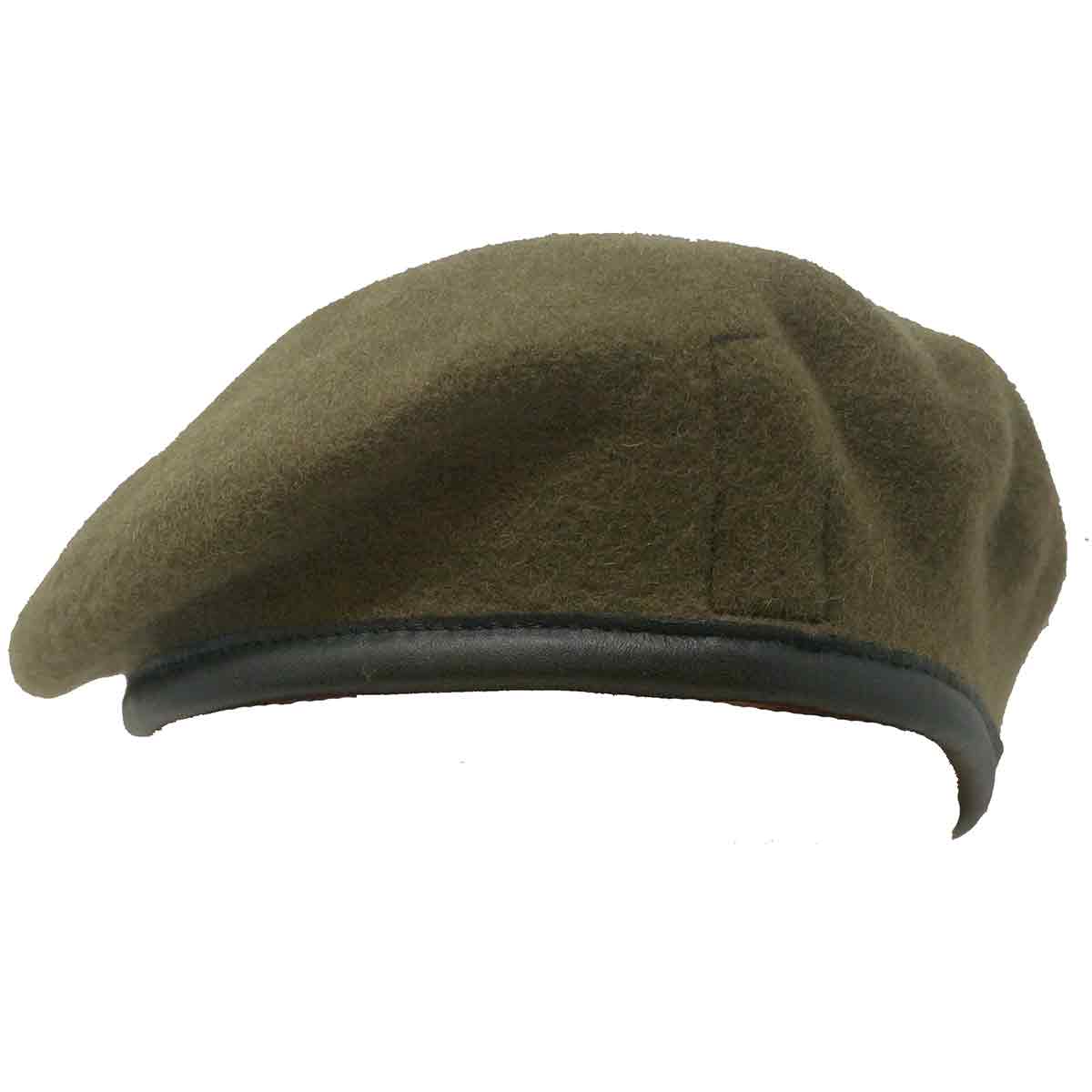 Side view of Khaki Silk Lined Army Beret with soft black leather band, ideal for military uniform apparel and accessories