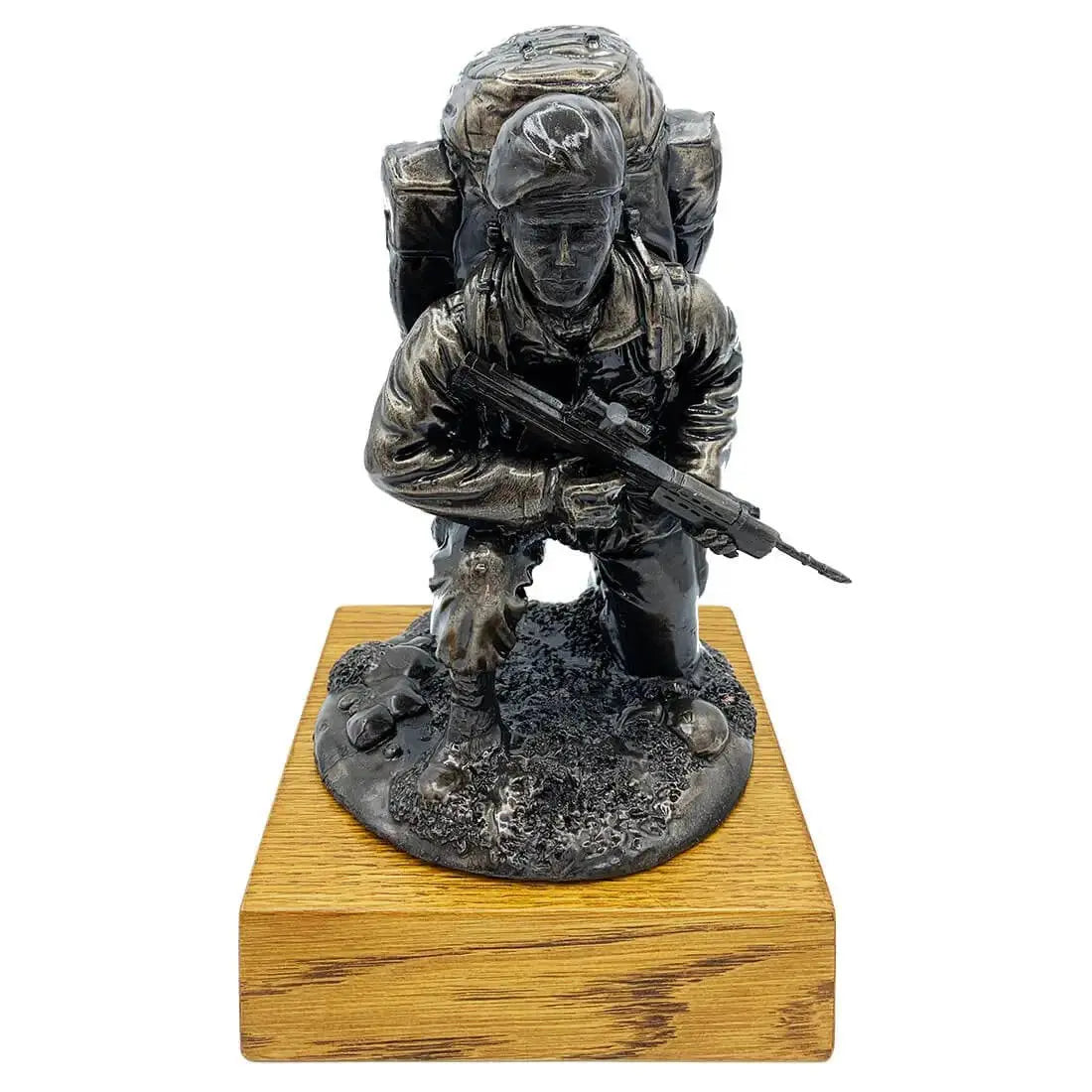 Kneeling Combat Figure with Beret Bronze Statue by John Bulls on oak base, holding SA80 rifle in tactical pose. Ideal for military-themed home decor.