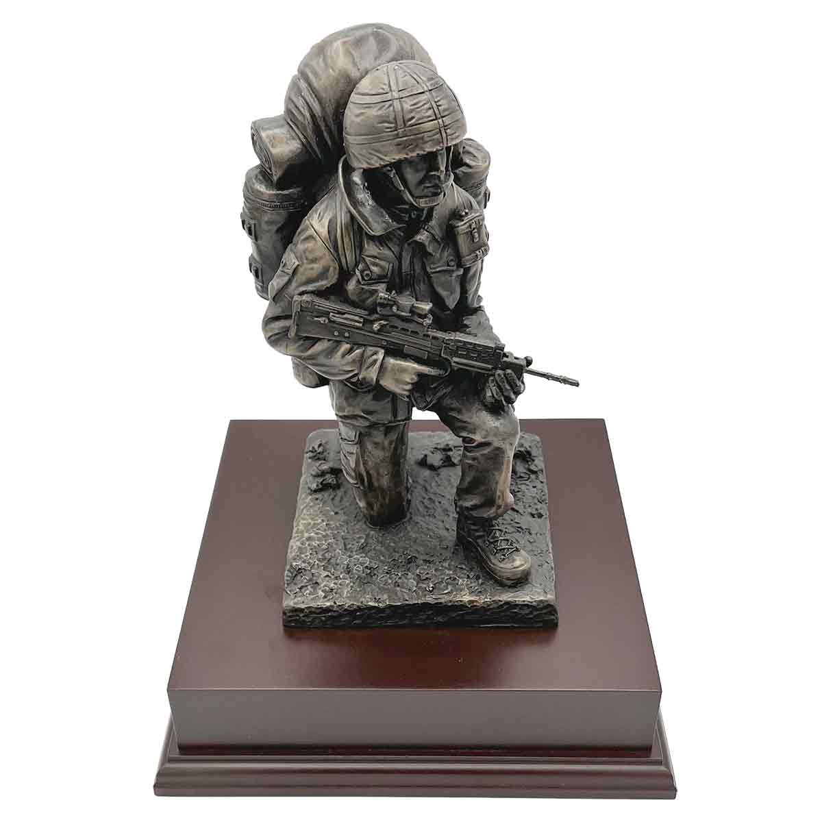 Kneeling Combat Figure with Beret | John Bull Clothing statue of a soldier in full gear kneeling with rifle on wooden base, ideal for military decor.