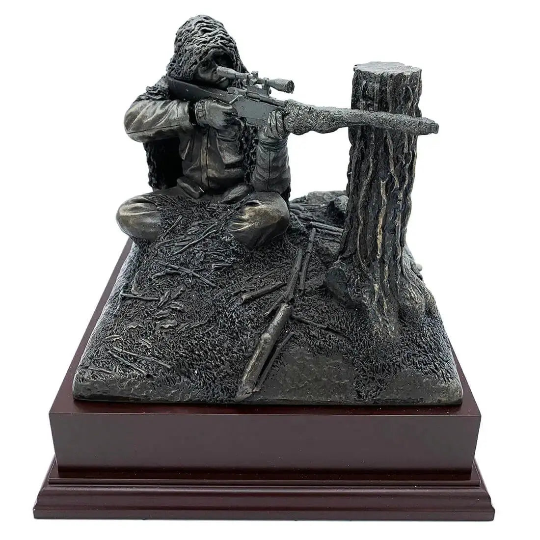 Kneeling Sniper Bronze Resin Figurine | John Bull Clothing features a camouflaged sniper aiming from behind a tree stump, mounted on a rosewood base.