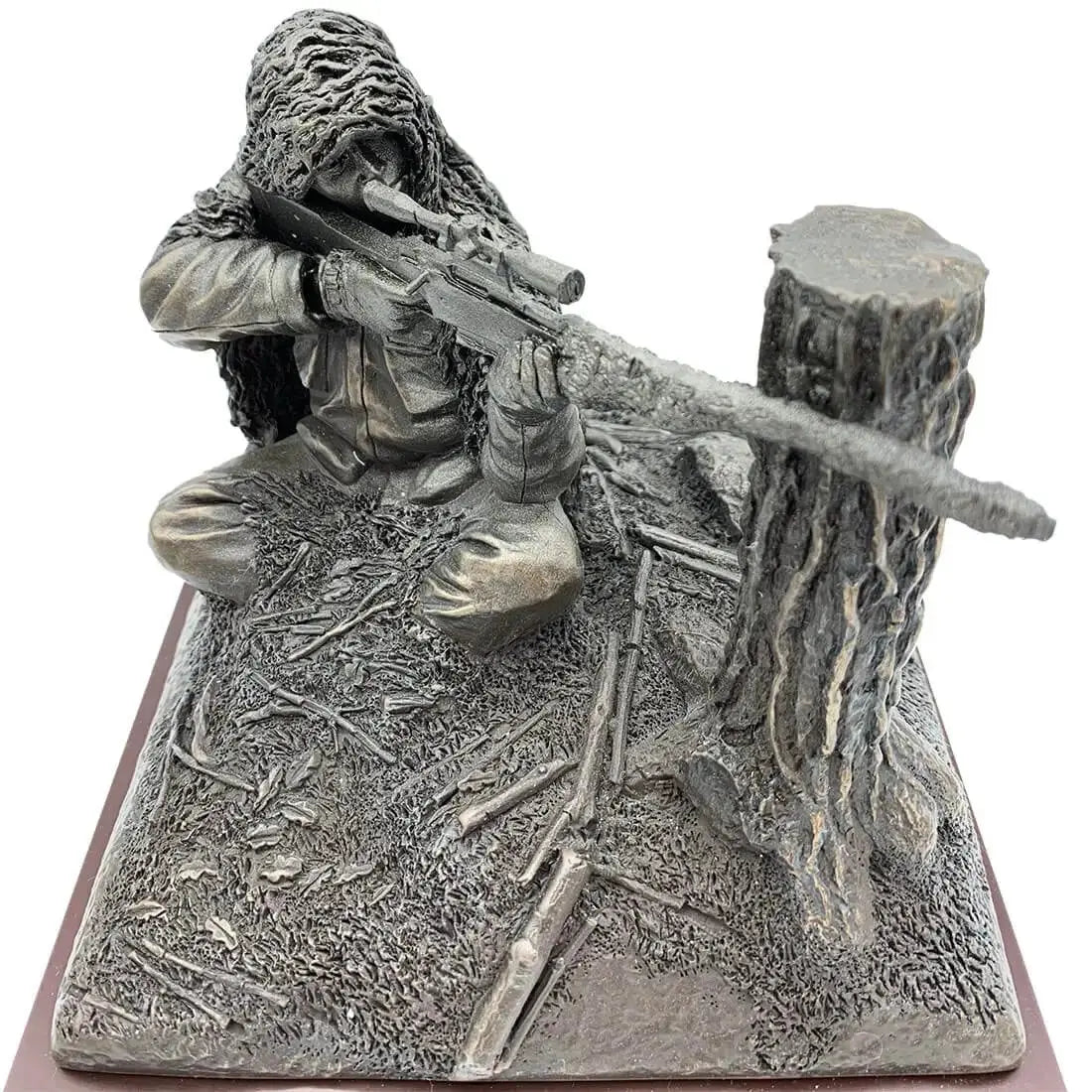 Close-up front view of Kneeling Sniper Bronze Resin Figurine highlighting lifelike sniper pose and intricate casting, perfect for military-themed decor.