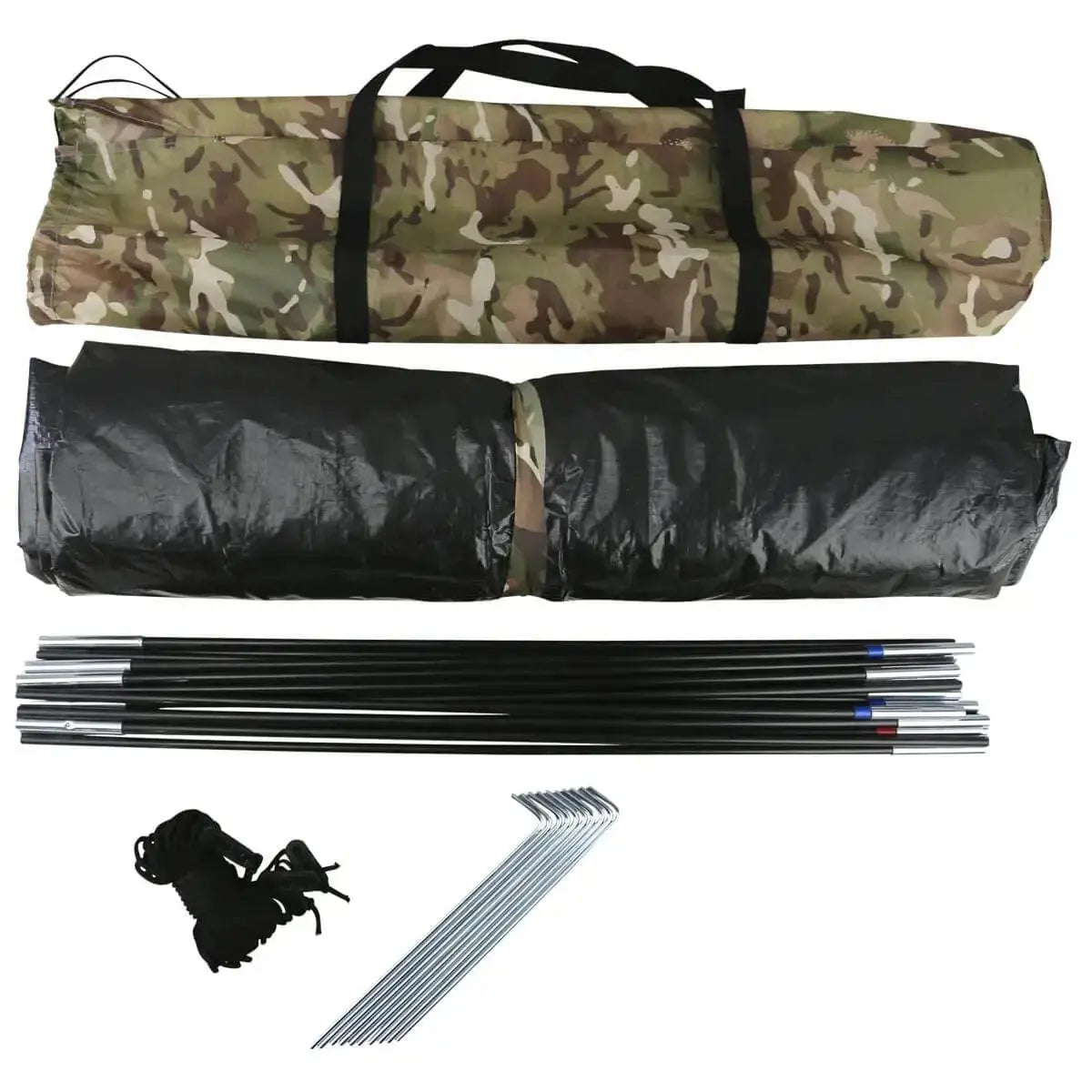 Kombat Ranger 2 Person Tent components including poles, pegs, ropes, and carry bag, designed for quick assembly and portability.