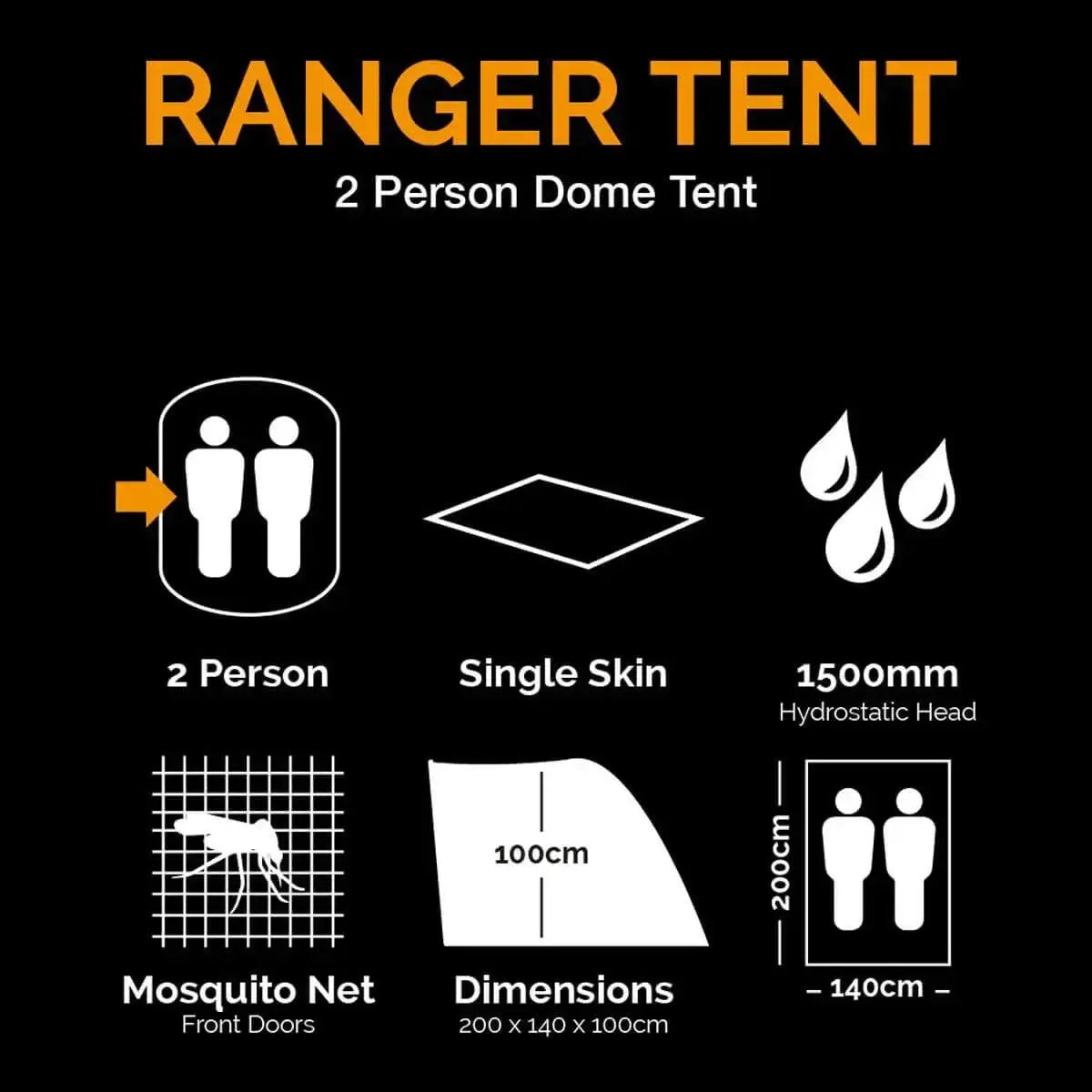 Kombat Ranger 2 Person Tent specs showing dome shape, single skin, mosquito net, and 1500mm waterproof rating for camping use.