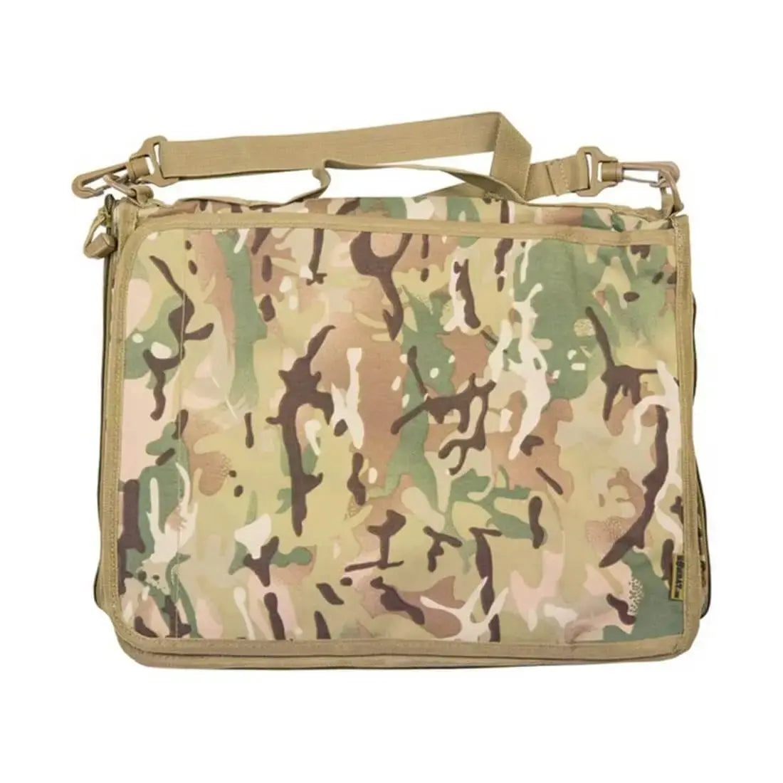 Kombat A4 Folder Holder Multicam with shoulder strap, made from durable 1000D polyester in camouflage design for tactical office use.