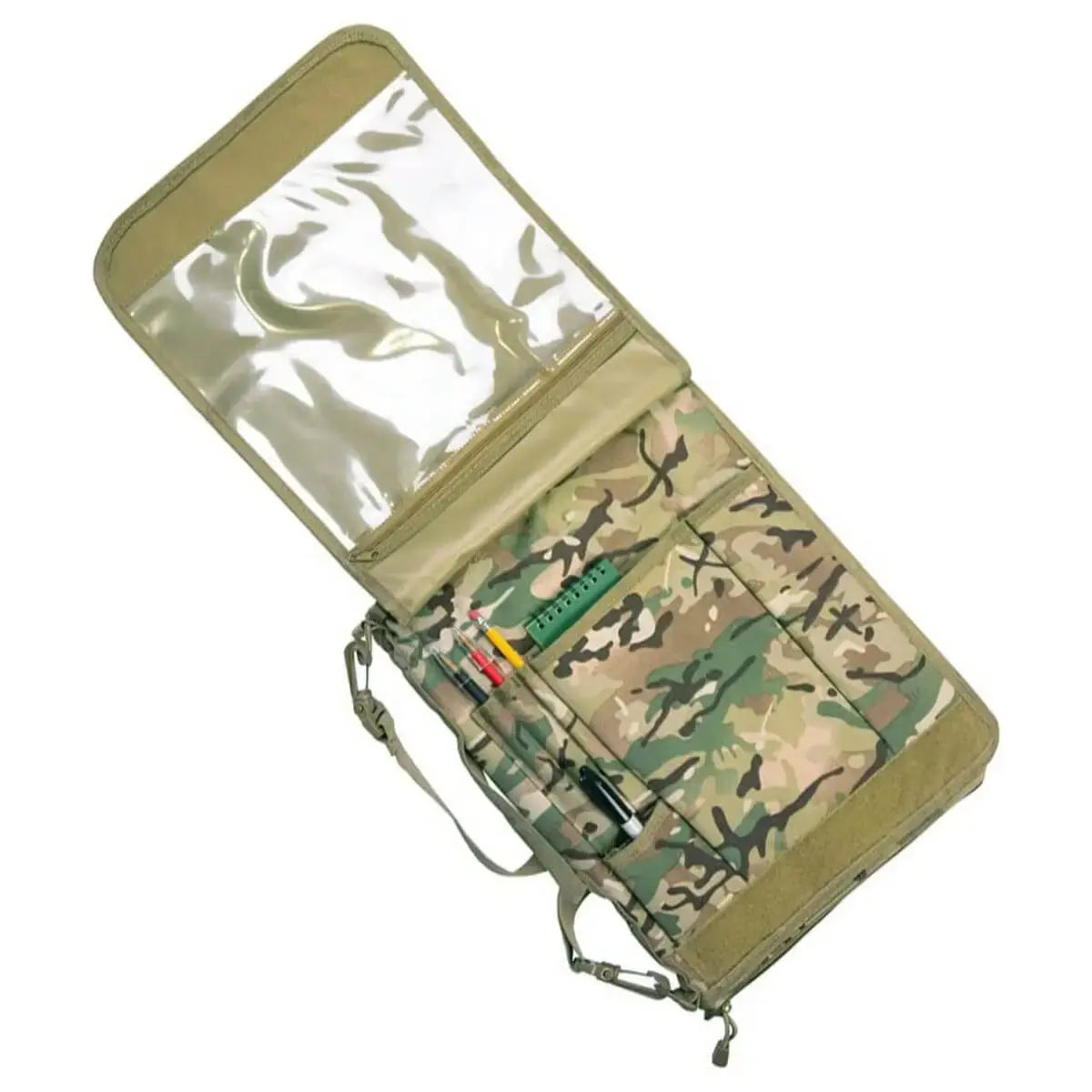 Fully opened Kombat A4 Folder Holder Multicam showing internal compartments for pens, notepad, phone, and map holder, ideal for field organization.