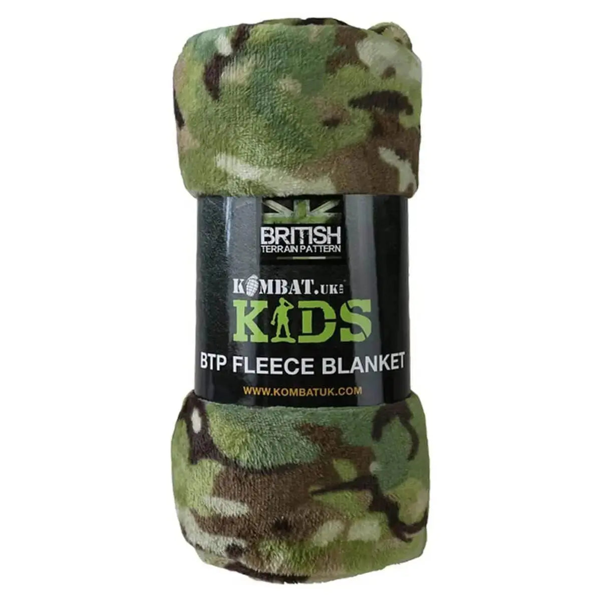 Kombat Kids BTP Fleece Army Blanket in a rolled-up form with a camouflage pattern, ideal for outdoor adventures. Lightweight and compact for easy packing.