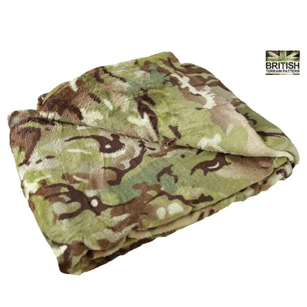 Kombat Kids BTP Fleece Army Blanket unfolded, showcasing its soft fleece material and British Terrain Pattern camouflage design. Perfect for camping and survival kits.