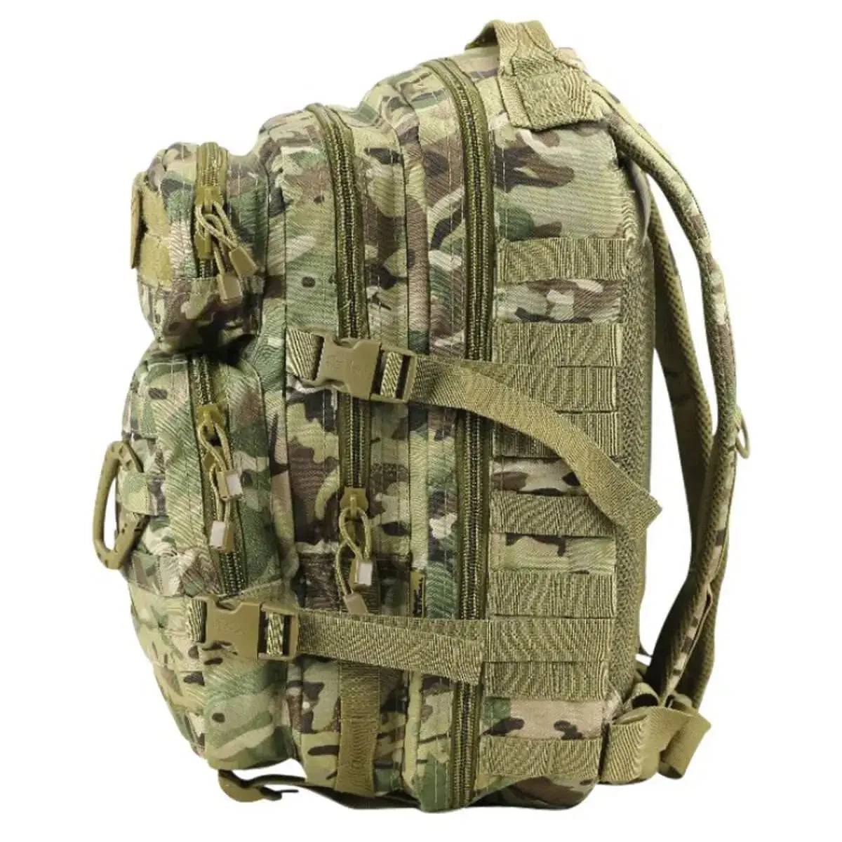 Side view of the multicam Kombat Small 28L Molle Assault Patrol Rucksack showing zippered compartments and MOLLE webbing.
