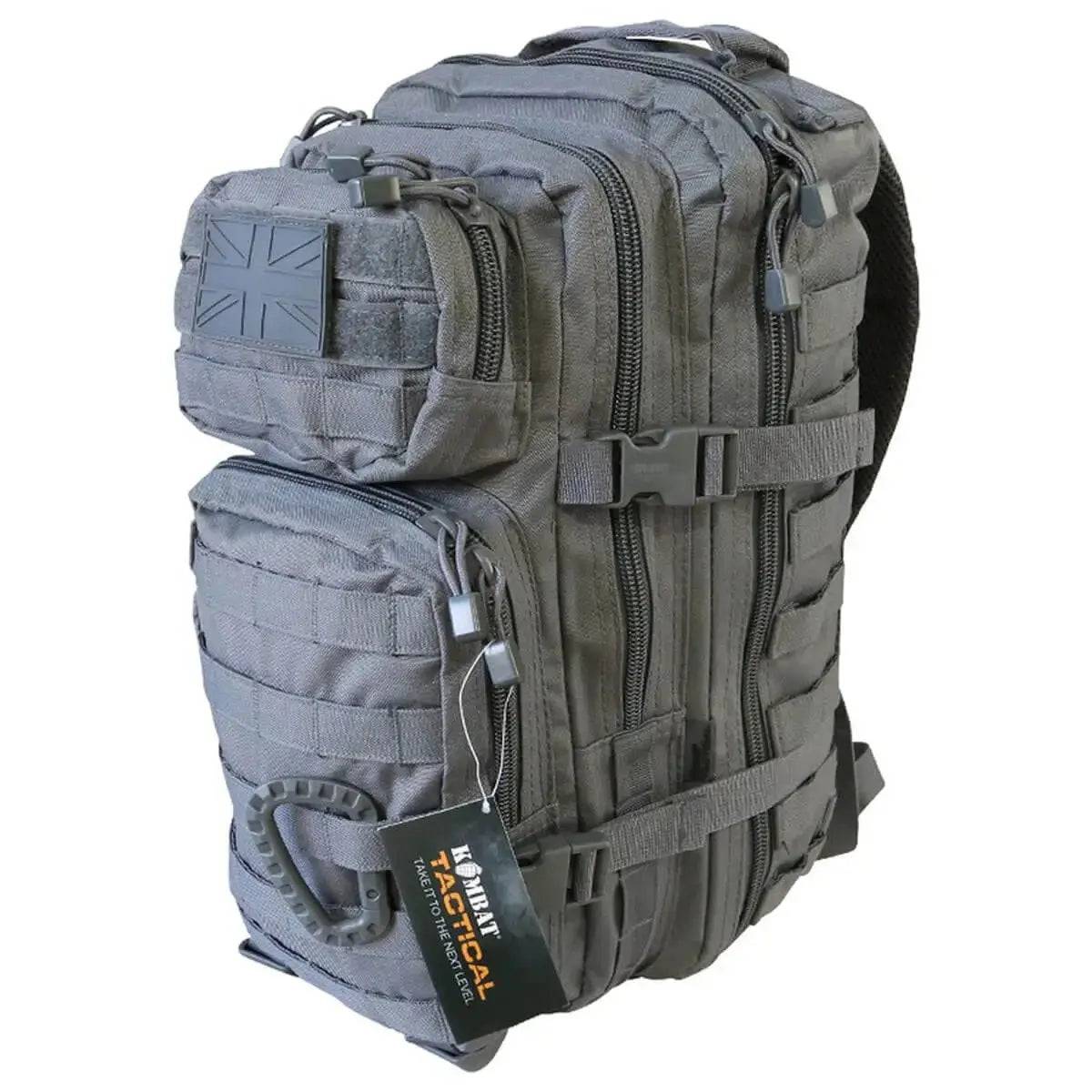 Grey Kombat Small 28L Molle Assault Patrol Rucksack featuring MOLLE webbing and compression straps, great for travel and patrol use.