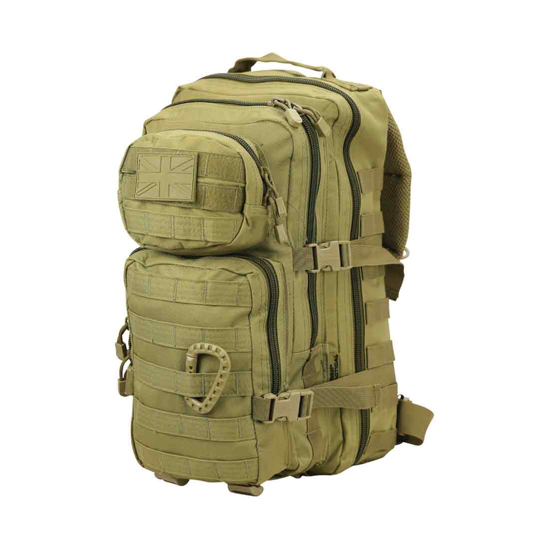 Tan Kombat Small 28L Molle Assault Patrol Rucksack with MOLLE system and dual compartments, designed for military and hiking use.