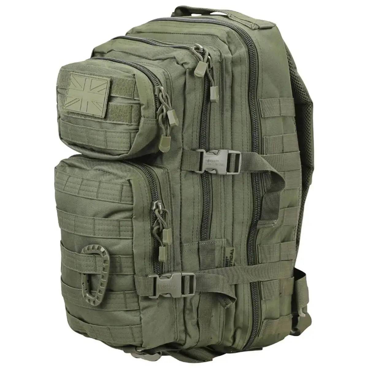 Olive green Kombat Small 28L Molle Assault Patrol Rucksack with tactical design and adjustable straps, suitable for outdoor adventures.