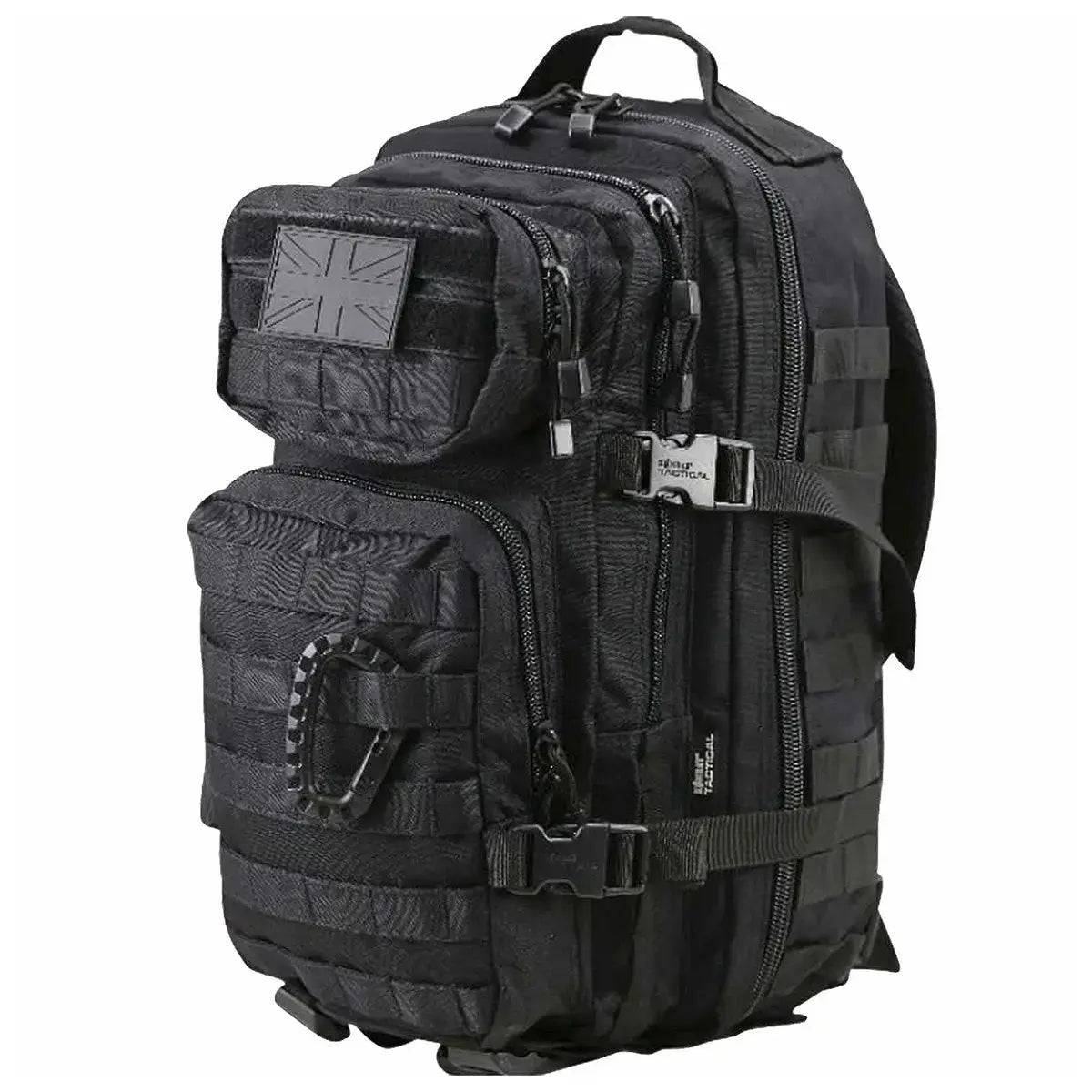 Black Kombat Small 28L Molle Assault Patrol Rucksack with tactical webbing and multiple zippered pockets for gear organization.
