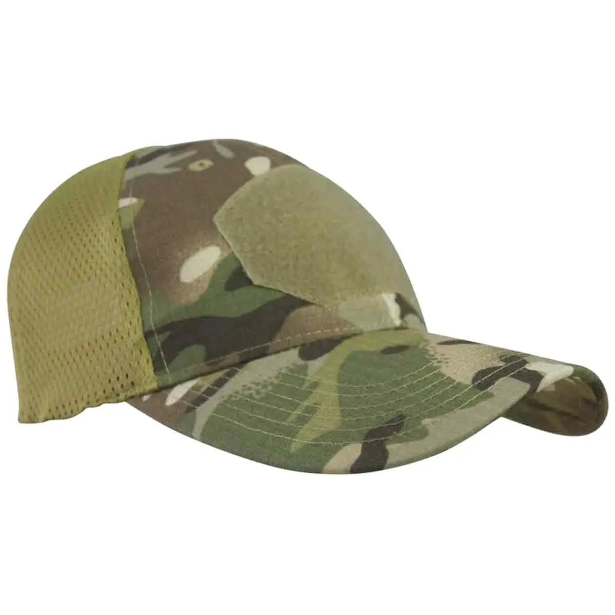 Kombat Spec-Ops Baseball Cap BTP with British Terrain Pattern and front Velcro patch, ideal for outdoor use with mesh ventilation sides.