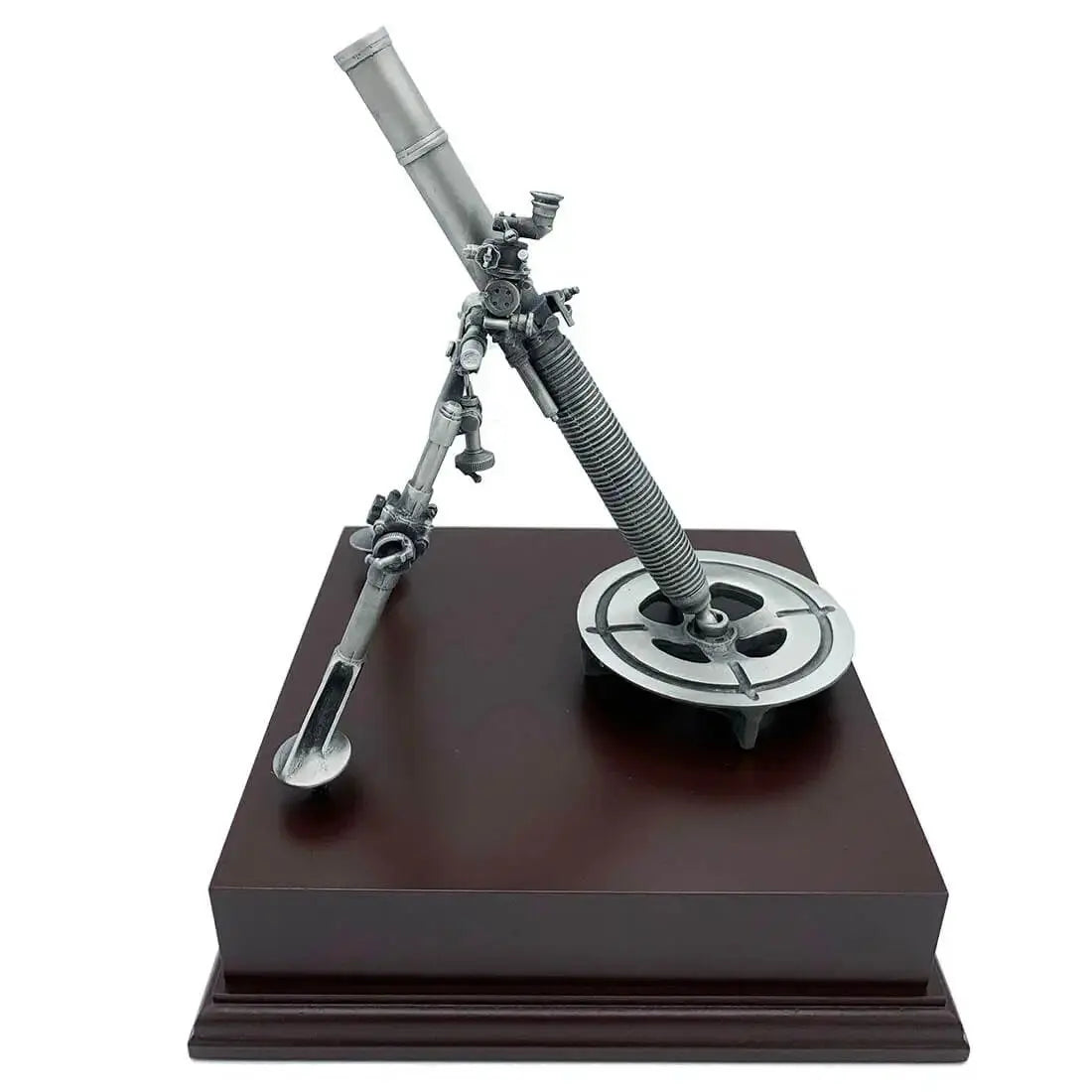 L16 81mm Mortar Pewter Statue on wooden base, showcasing intricate detailing of British Army artillery replica from John Bull Clothing.