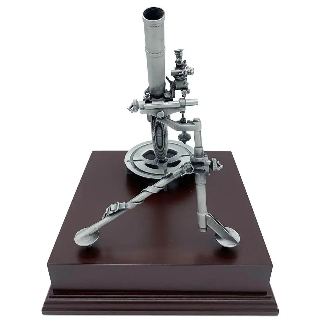 Rear view of L16 81mm Mortar Pewter Statue, emphasizing mechanical components and pewter finish on a polished wooden plinth.
