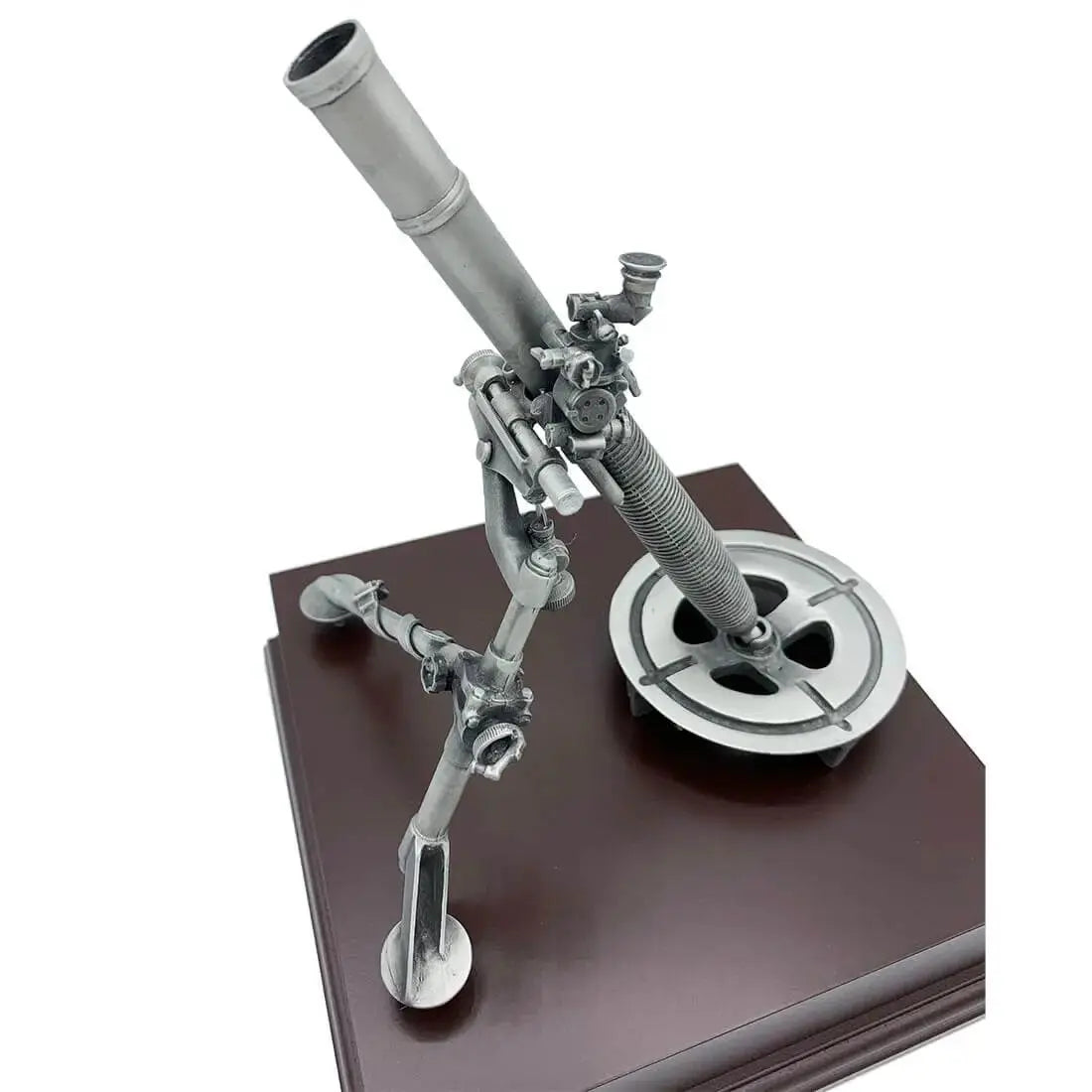 Angled close-up of L16 81mm Mortar Pewter Statue, capturing fine pewter detailing and realistic military design for decor enthusiasts.