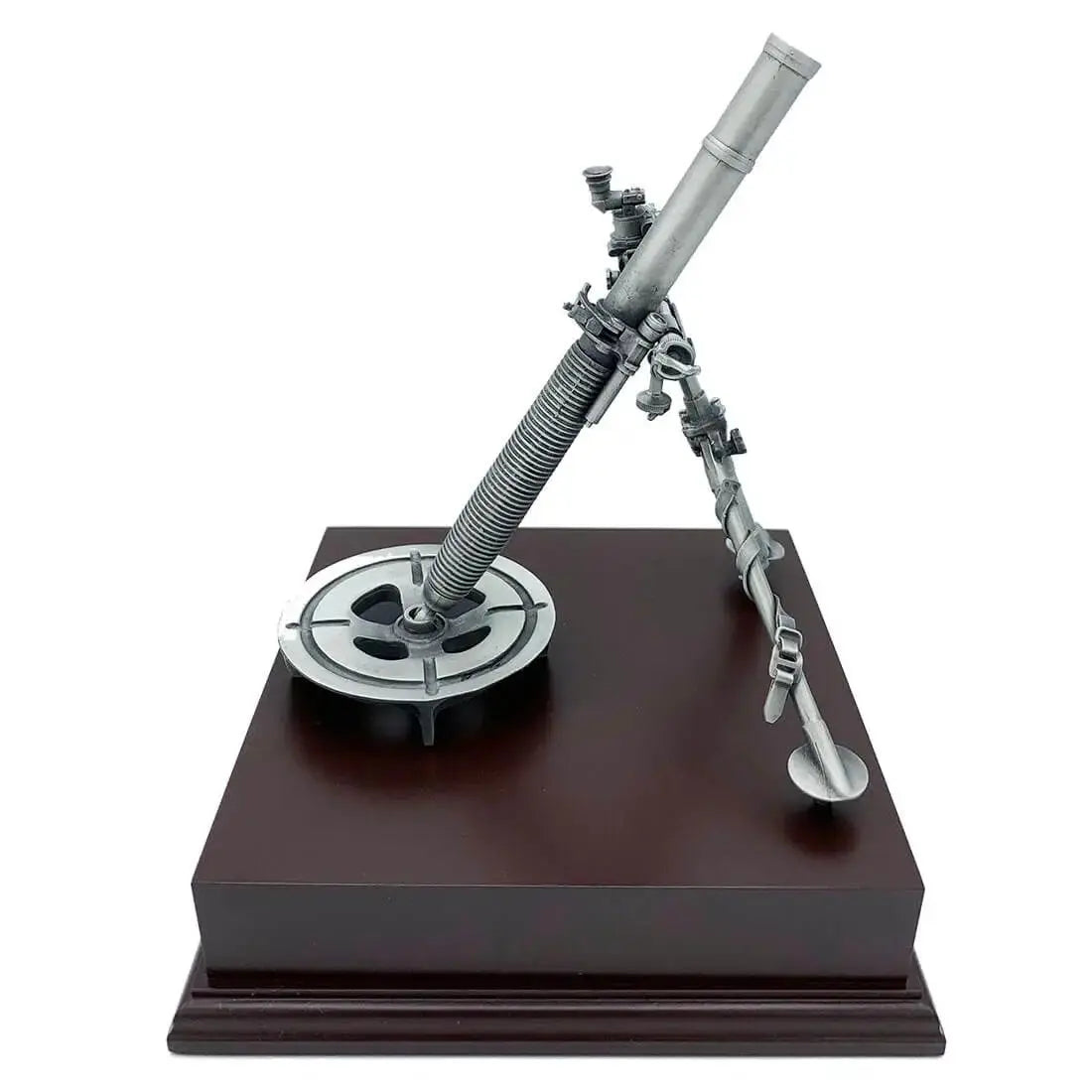 Side angle of L16 81mm Mortar Pewter Statue with tripod and base plate, ideal for army-themed home and garden sculpture displays.