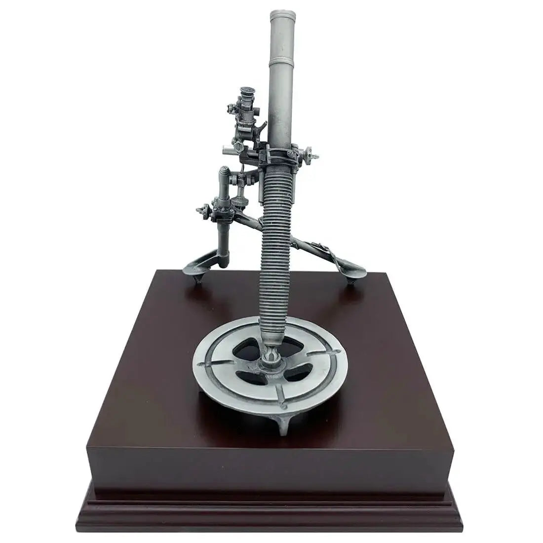 Front view of L16 81mm Mortar Pewter Statue, highlighting precision craftsmanship and realistic design for military decor collectors.