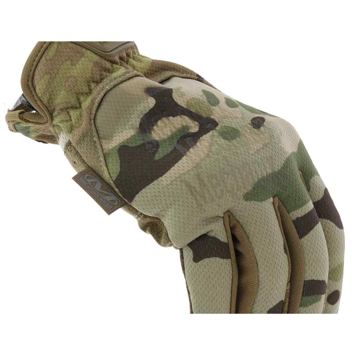 Close-up of Mechanix Fastfit Tactical Multicam Gloves highlighting breathable TrekDry fabric and camouflage design for field flexibility.