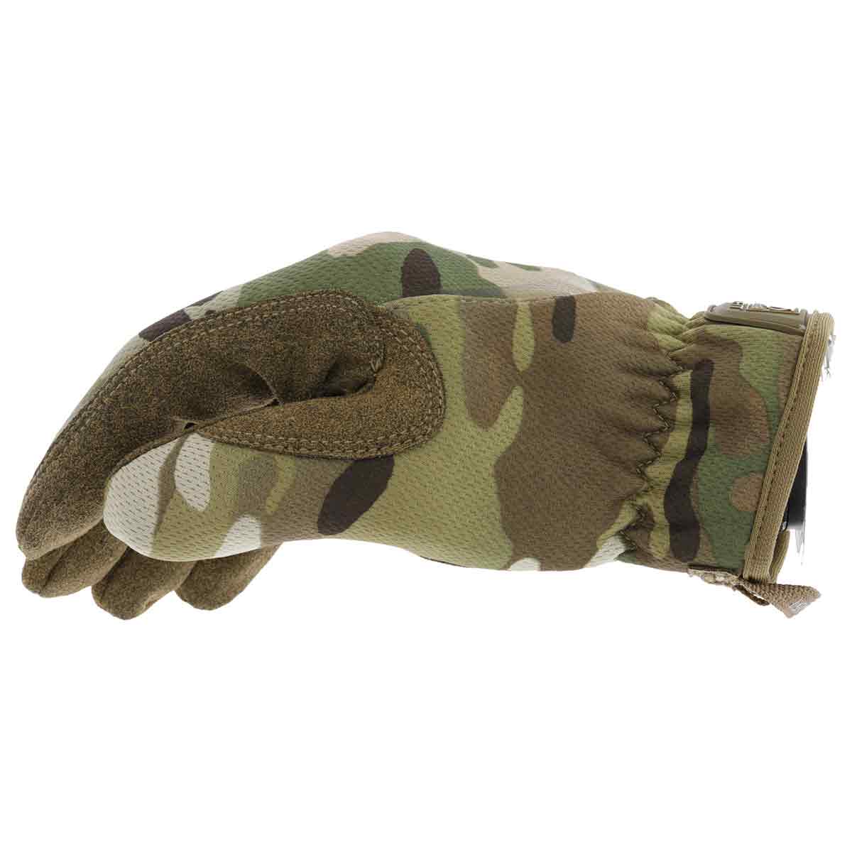 Side profile of Mechanix Fastfit Tactical Multicam Gloves showing ergonomic fit and elastic cuff for easy on/off use in tactical settings.