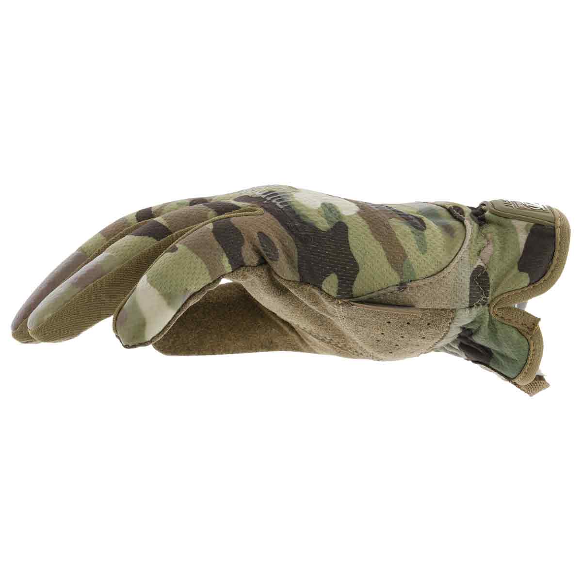 Flat side view of Mechanix Fastfit Tactical Multicam Gloves emphasizing lightweight, flexible design for military and industrial applications.