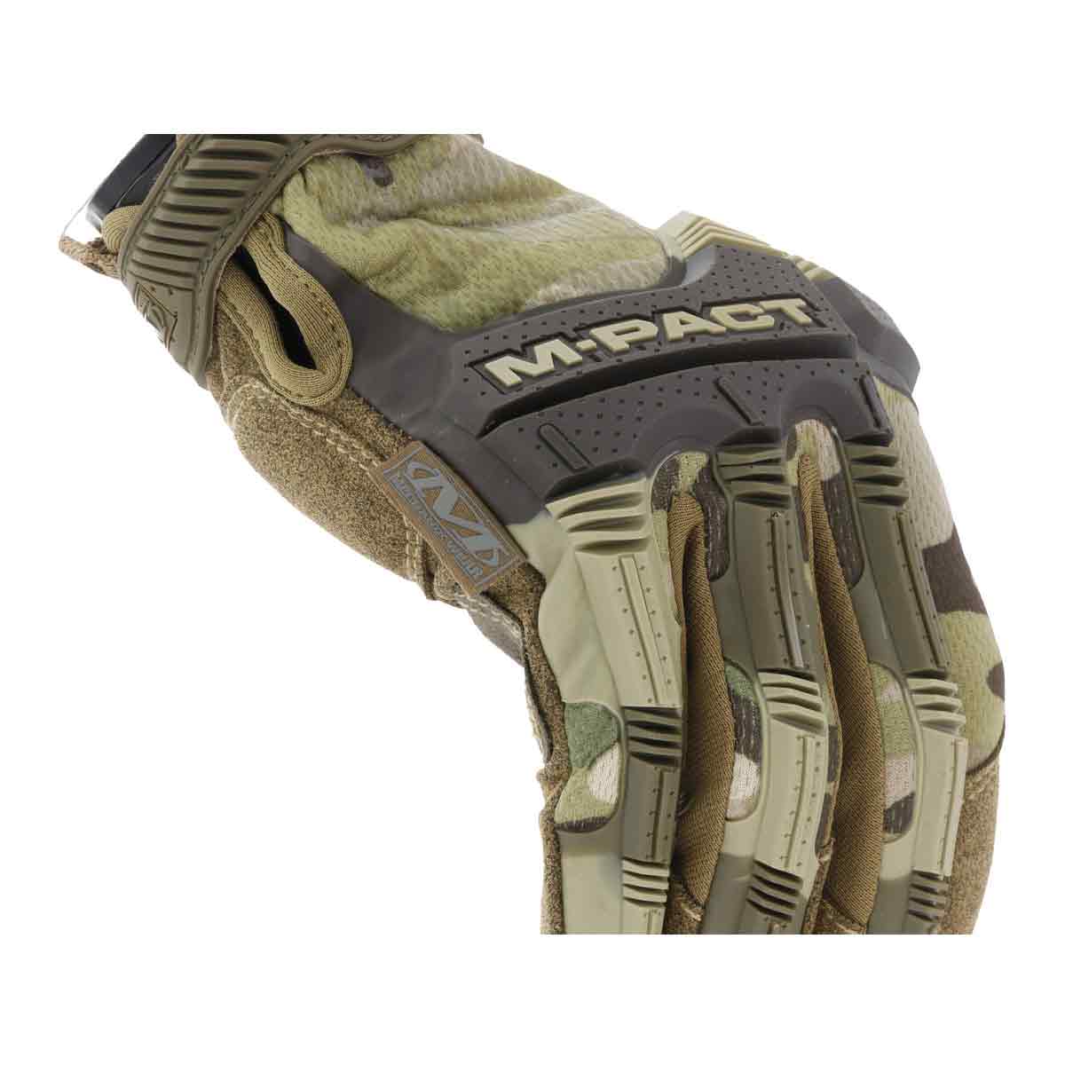 Close-up of Mechanix M-Pact Tactical Multicam Gloves showcasing M-Pact branding and thermoplastic knuckle guards for safety applications.