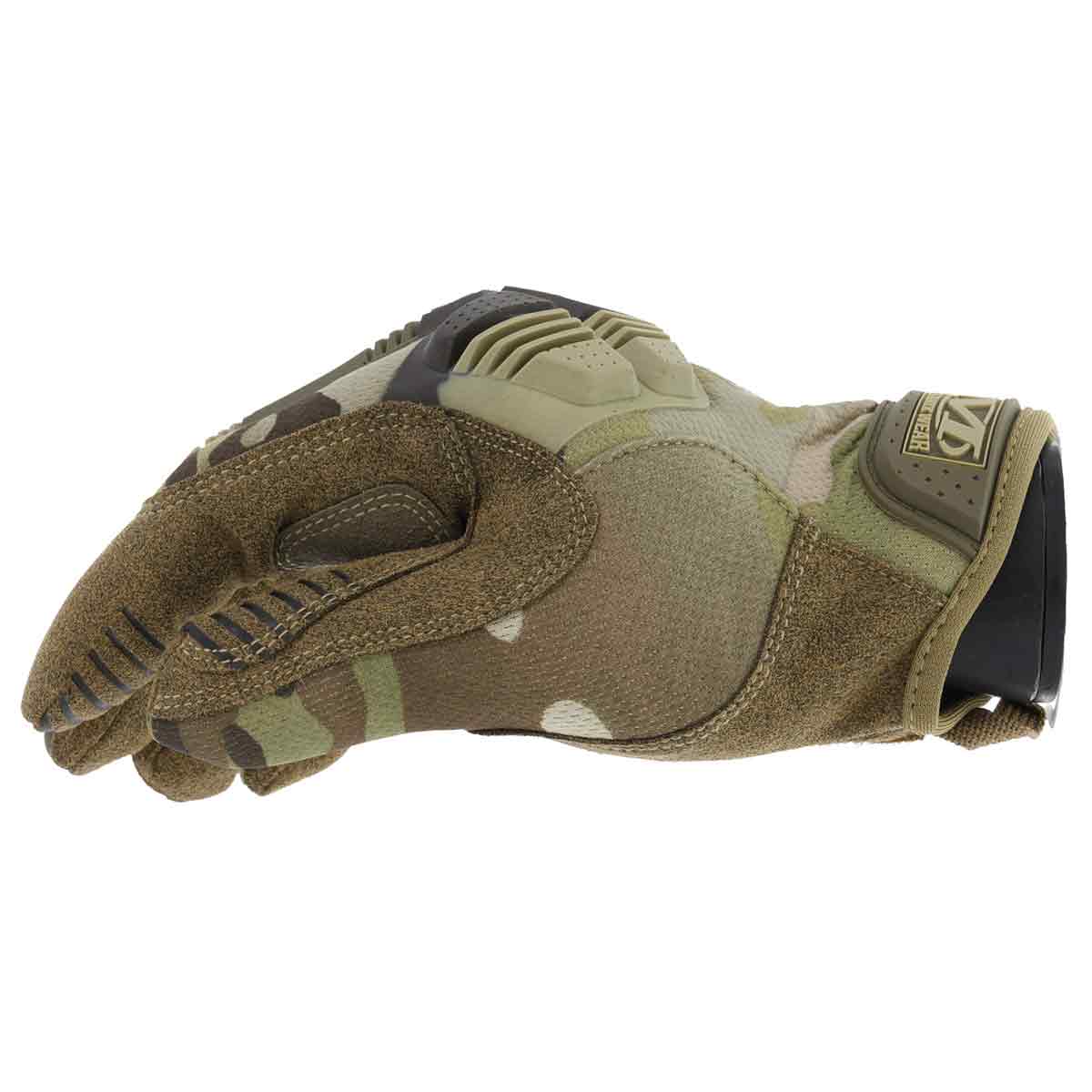 Side profile of Mechanix M-Pact Tactical Multicam Gloves highlighting breathable TrekDry fabric and flexible finger protection.