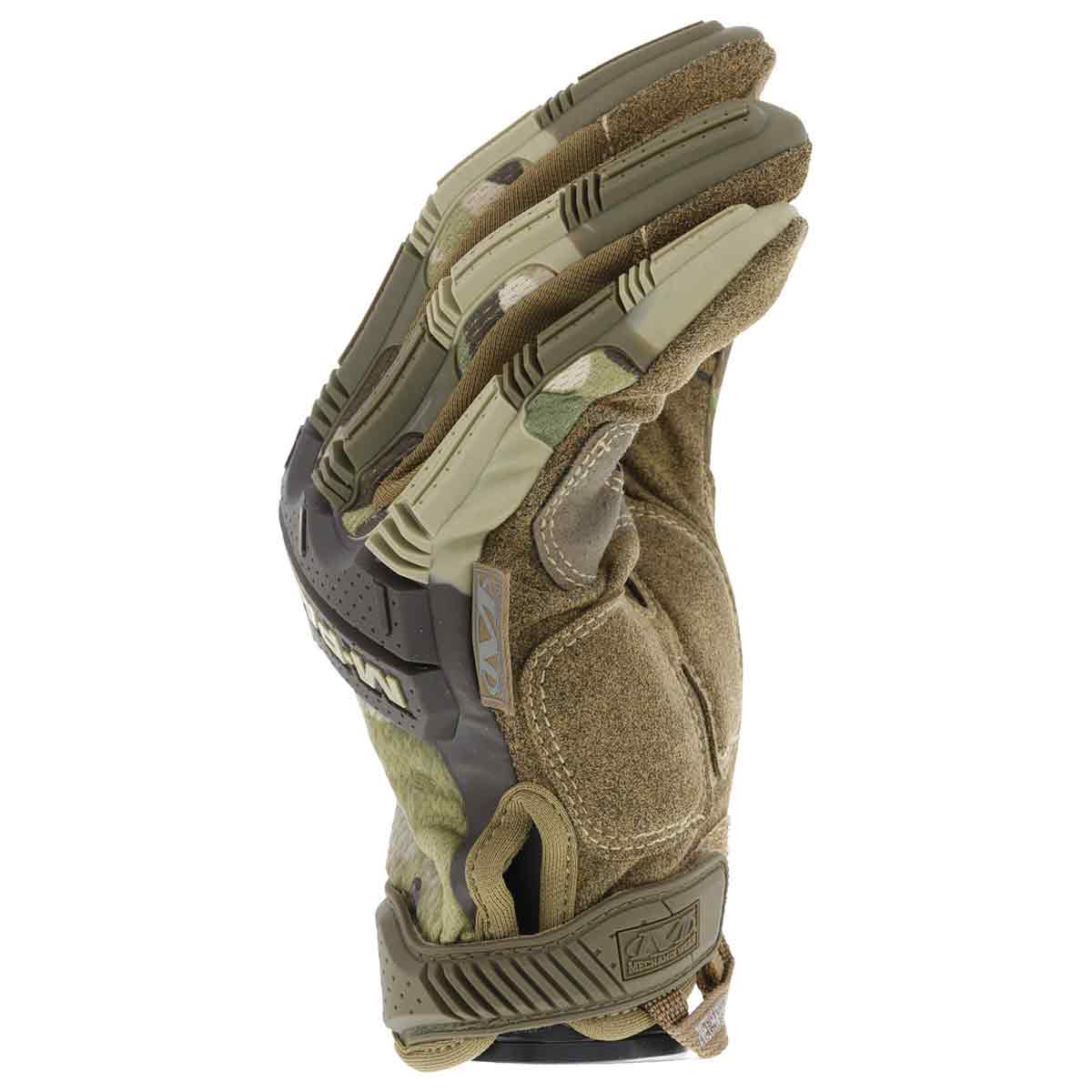 Mechanix M-Pact Tactical Multicam Gloves in a semi-closed position displaying ergonomic design and impact-resistant features.
