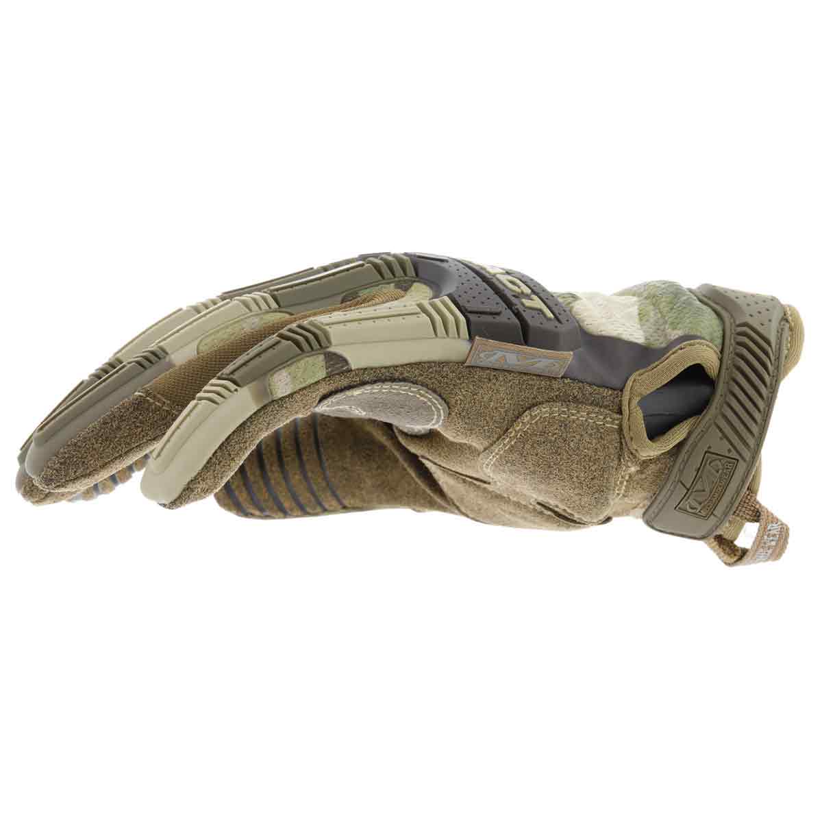 Angled view of Mechanix M-Pact Tactical Multicam Gloves showing reinforced fingertips and secure wrist closure for tactical performance.