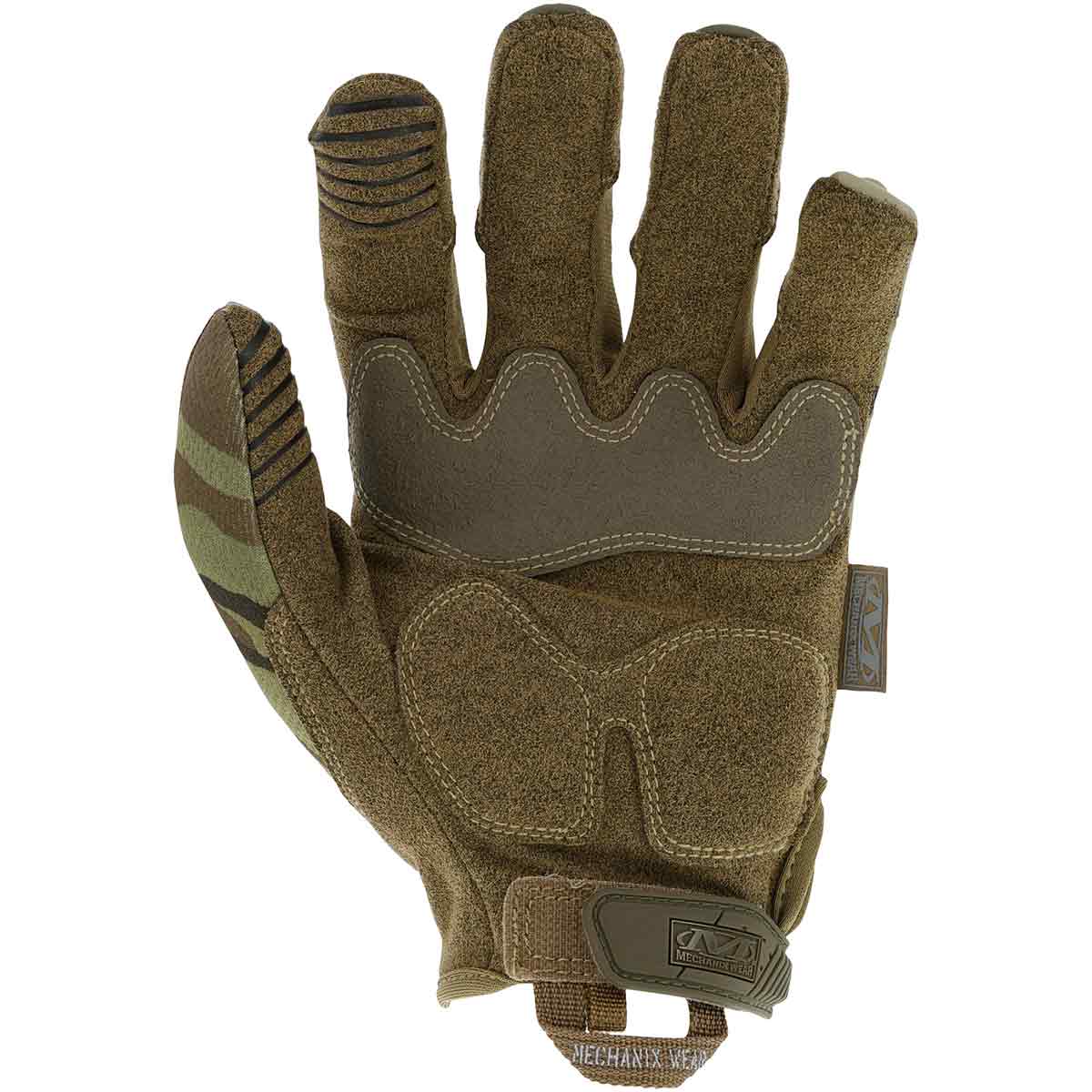 Palm view of Mechanix M-Pact Tactical Multicam Gloves showing reinforced grip zones and padded palm for enhanced durability and comfort.