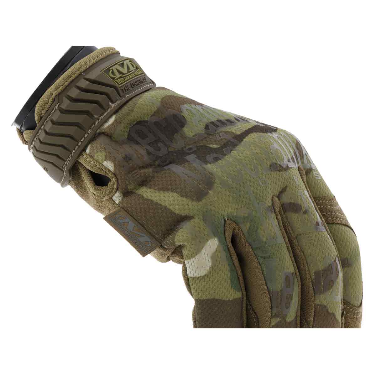 Close-up of Mechanix Original Tactical Gloves Multicam wrist closure and logo, highlighting secure fit and rugged construction for professional use.