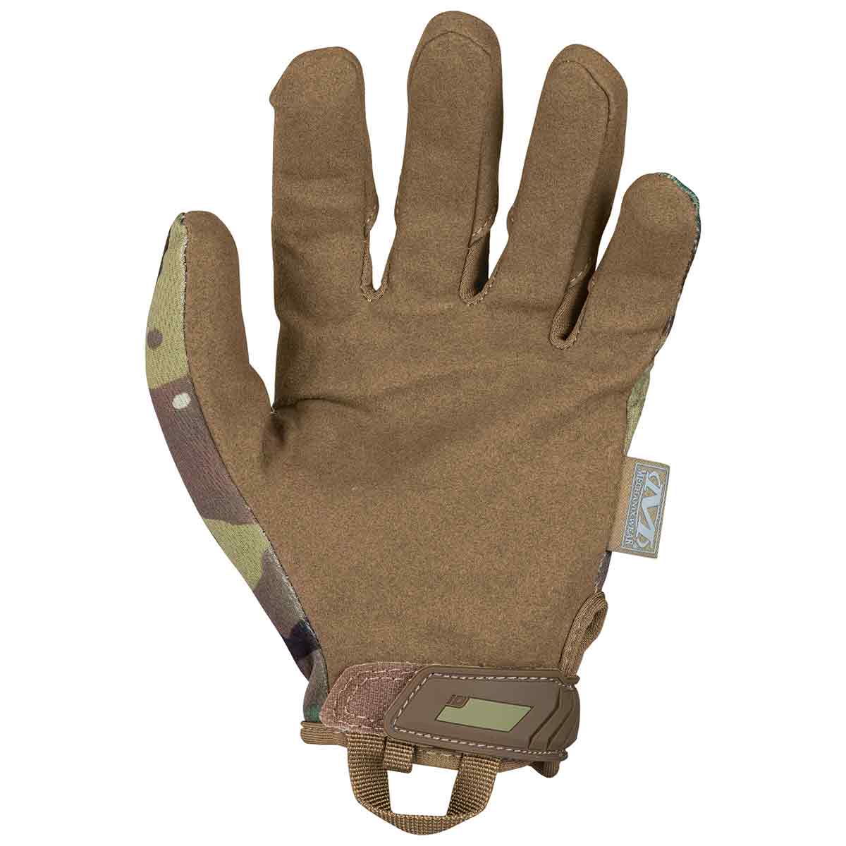 Palm view of Mechanix Original Tactical Gloves Multicam showing synthetic leather grip and ergonomic fit for industrial and tactical applications.