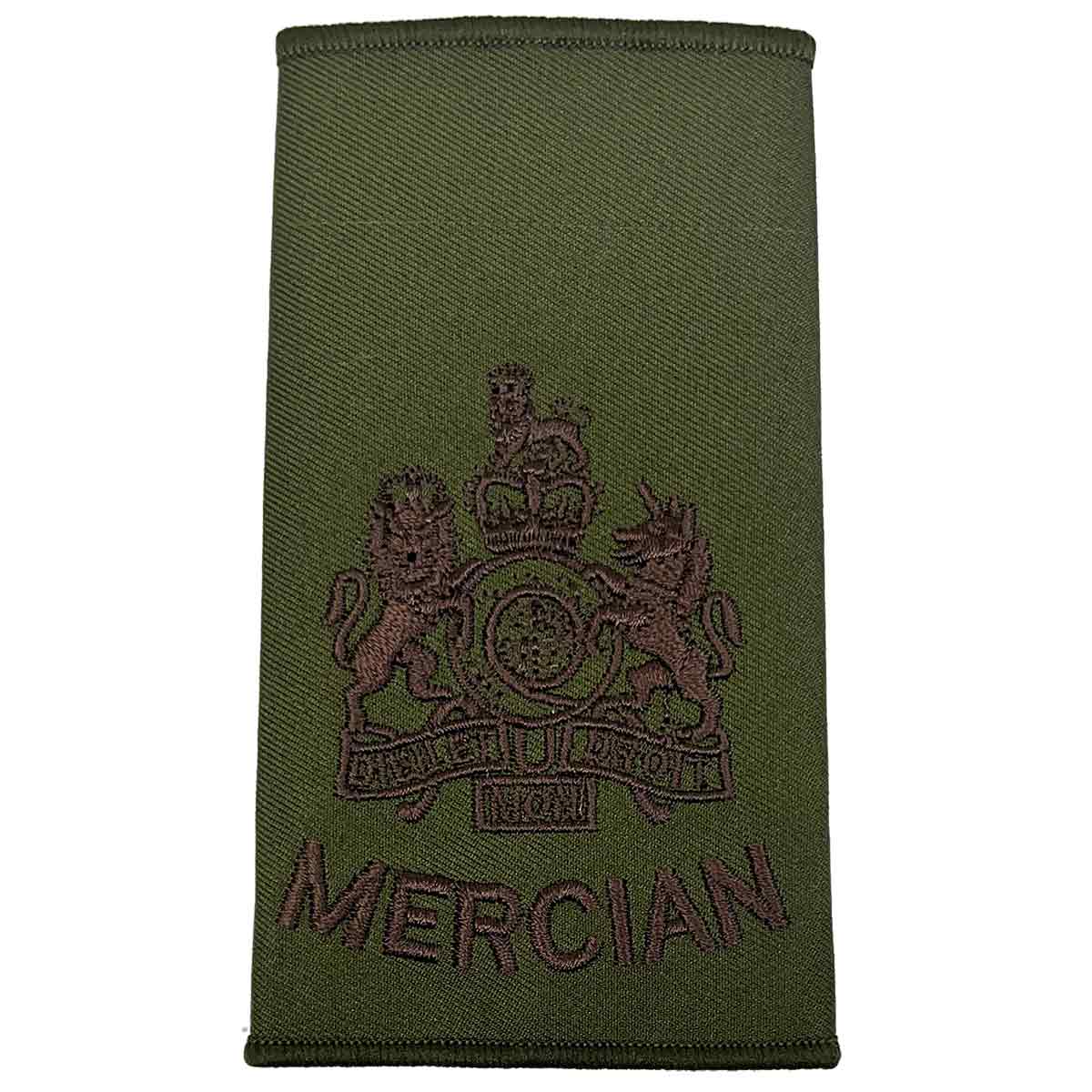 Mercian Regiment olive green rank slide with royal coat of arms embroidery, suitable for Warrant Officer Class 1 in military uniforms.