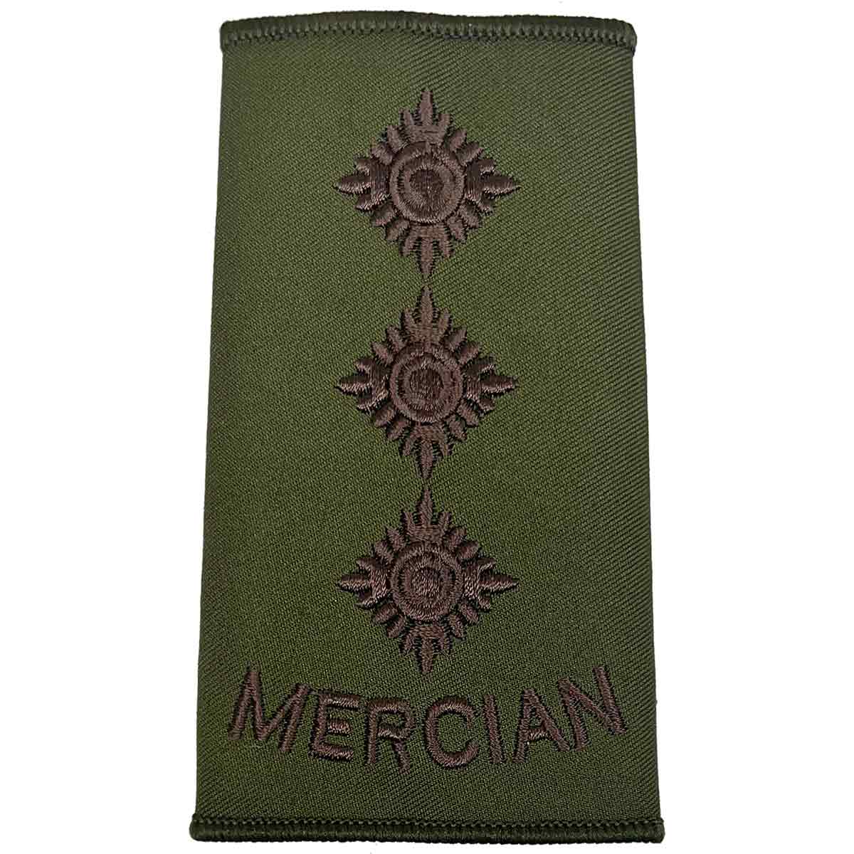 Triple pip Mercian Regiment olive green rank slide with brown embroidery, representing Major rank in military uniform gear.