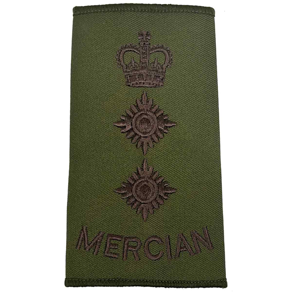 Olive green Mercian Regiment rank slide with crown above double pips, denoting Colonel rank in military uniform accessories.