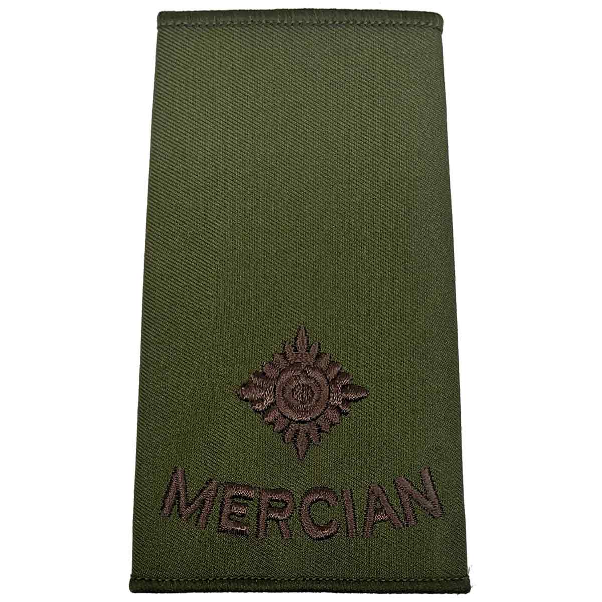 Single pip Mercian Regiment olive green rank slide with brown embroidery, representing Second Lieutenant rank in military uniforms.