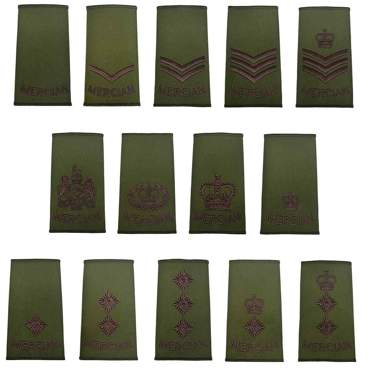 Full set of Mercian Regiment Rank Slides in olive green with brown embroidered insignia, ideal for military uniforms and tactical apparel.