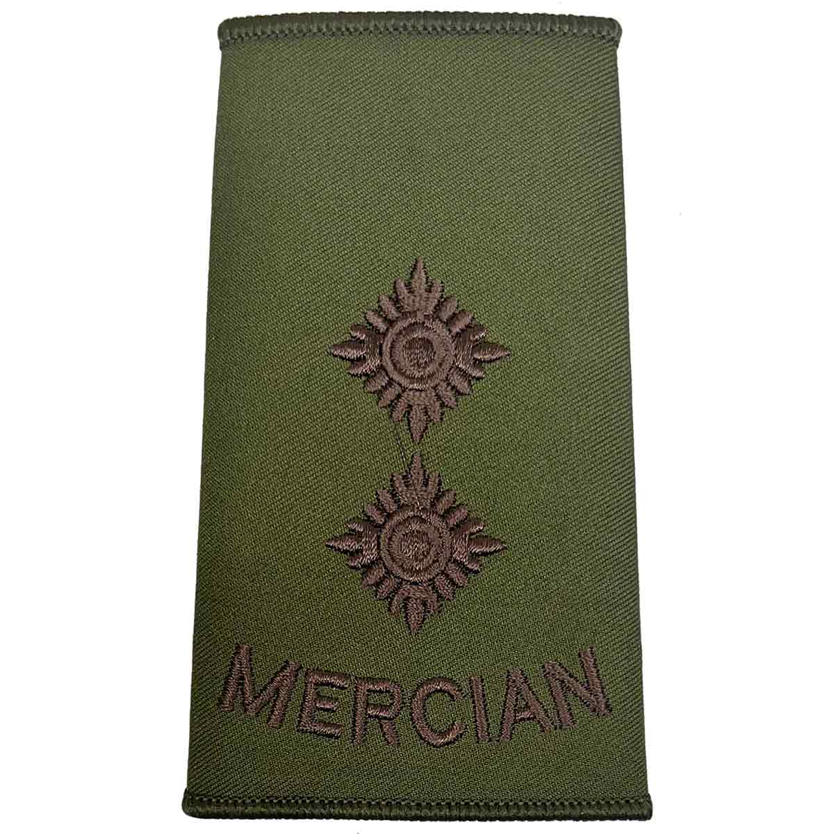 Double pip Mercian Regiment rank slide in olive green Cordura, indicating Lieutenant rank with brown embroidered insignia.