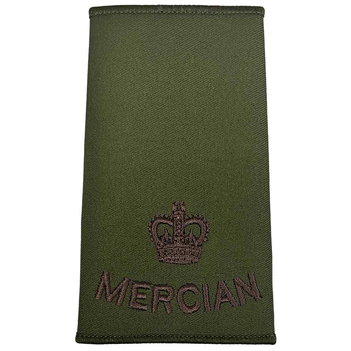 Mercian Regiment olive green rank slide with small crown embroidery, denoting Captain rank in military uniform accessories.