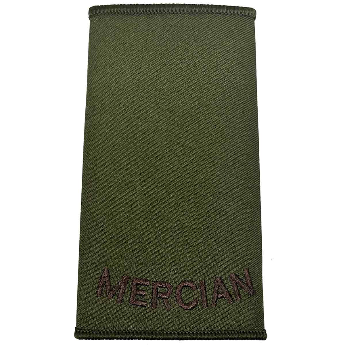 Olive green Mercian Regiment rank slide with brown embroidered text, made from durable Cordura fabric for military uniform use.