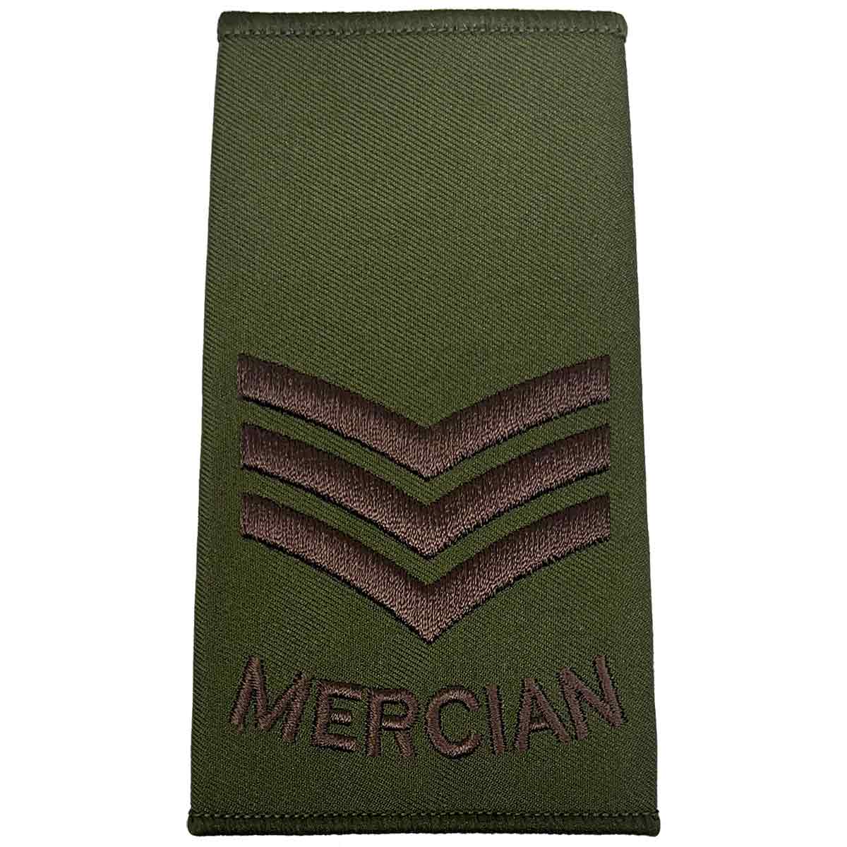 Triple chevron Mercian Regiment rank slide in olive green, denoting Sergeant rank with brown embroidery for military uniforms.
